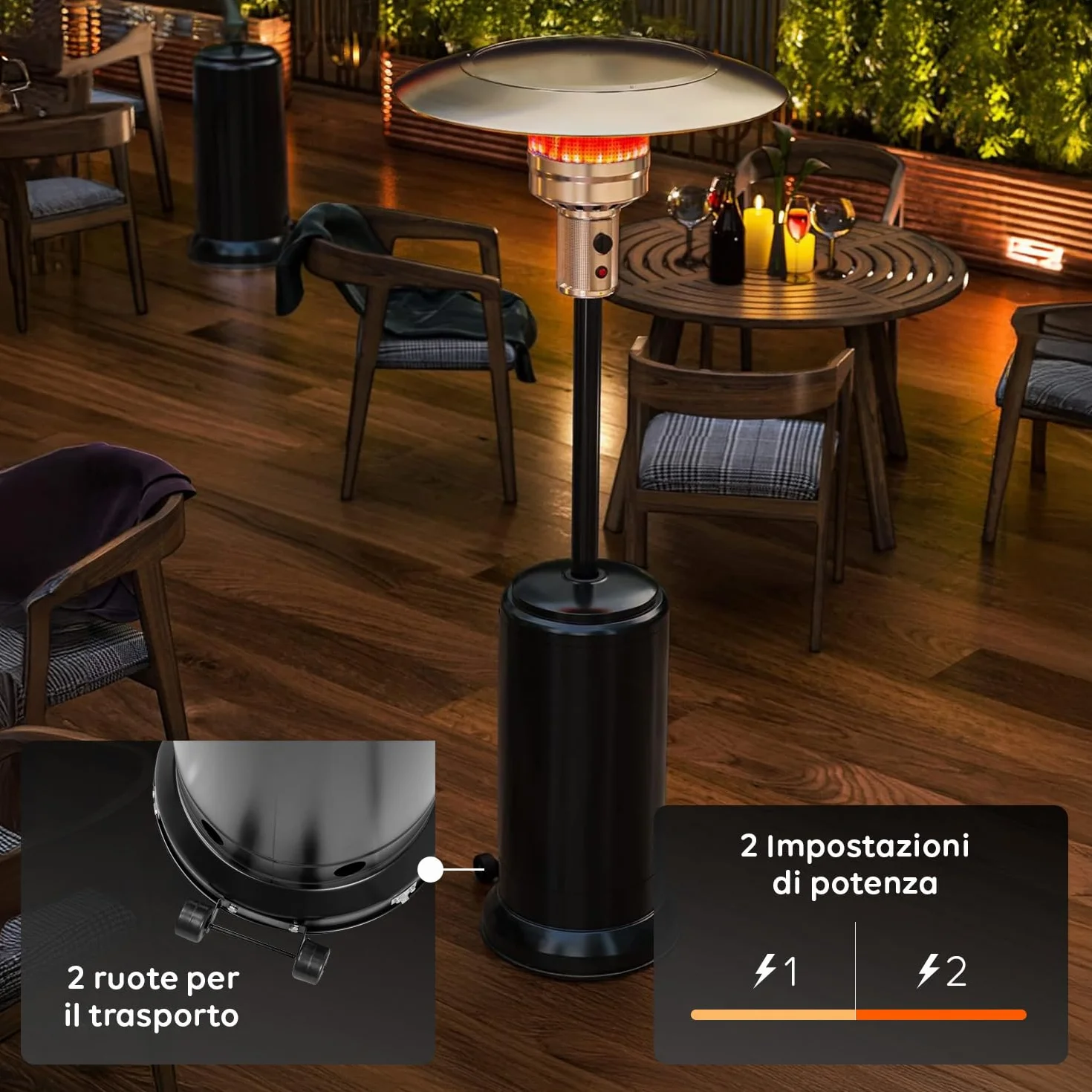 Avilia Fungo Riscaldante per Esterno a Gas GPL 5/12Kw - Stufa a Gas con Porta Bombola da 15kg Ideale per Riscaldare Patio, Giardino o Terrazzo con Potenza Regolabile e Accensione Pizoelettrica
