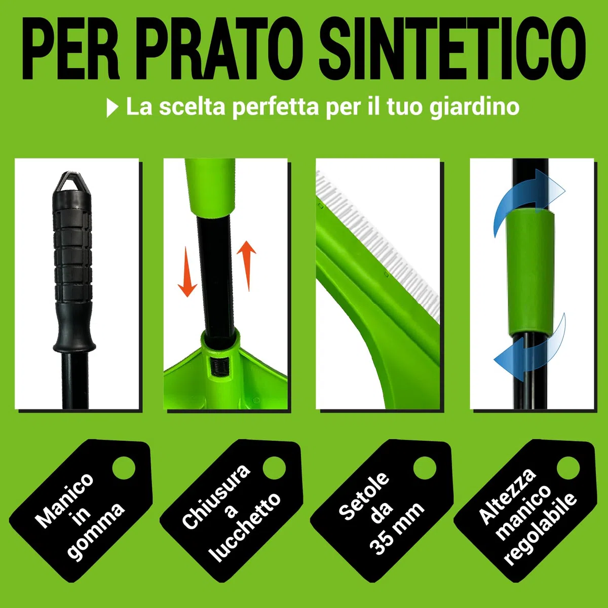 Crisalide® - Rastrello per Erba Artificiale Setole in Poliammide 35 mm, Doppia Fila, Asta Telescopica 80-130 cm, Larghezza 45 cm Manico Ergonomico in Gomma Per Pulizia e Cura di Prati Sintetici
