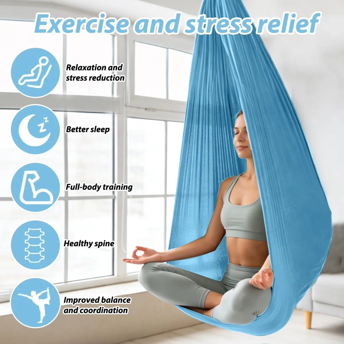 Amaca e Altalena per Yoga Aerea, 150x280 cm Amaca Fitness Portatile, Carico 200 kg, Yoga Amaca Antigravity con Accessori per Yoga, Aerial Yoga Hammock per Bodybuilding Fitness di Tutti, Blu