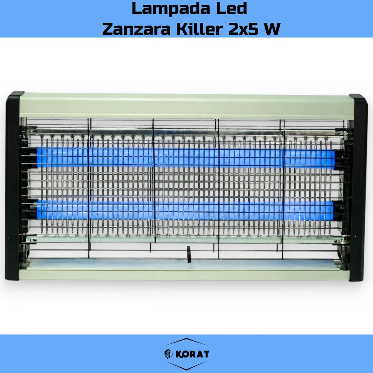 KORAT Lampada Zanzare Elettrica LED UV 2x5W, Zanzariera Elettrica Professionale con Griglia ad Alta Tensione, Vaschetta Estraibile, Silenziosa, per Casa, Ufficio, Negozio - 47,5x6x24 Cm