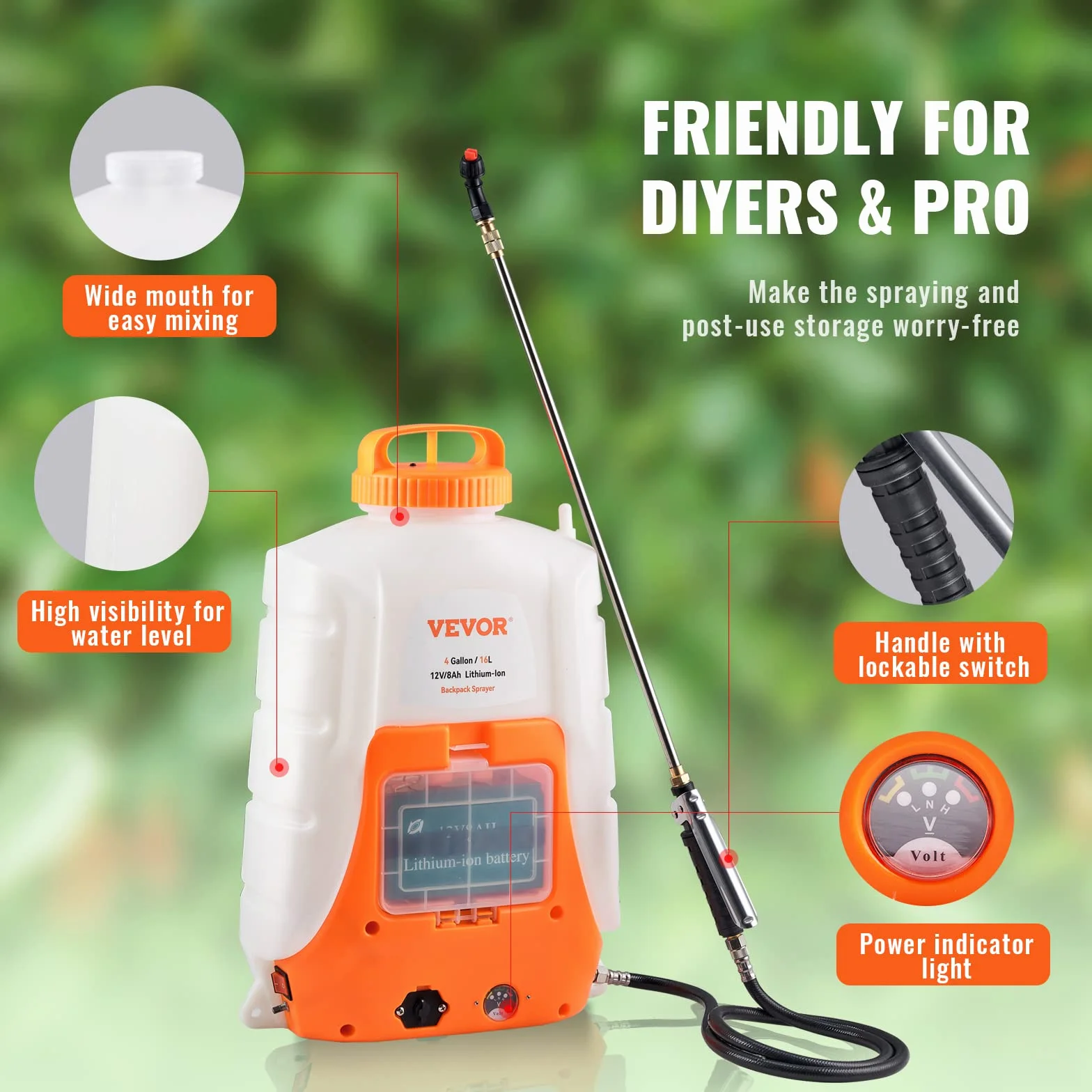 VEVOR Nebulizzatore Giardino 15L a Batteria da Spalla Serbatoio Ugelli Sostituibili 8 Pezzi con Bacchette per Irrigazione Prato Orto Serra Piante, Irroratrice Spruzzatrice a Zaino a Pressione 6,2bar