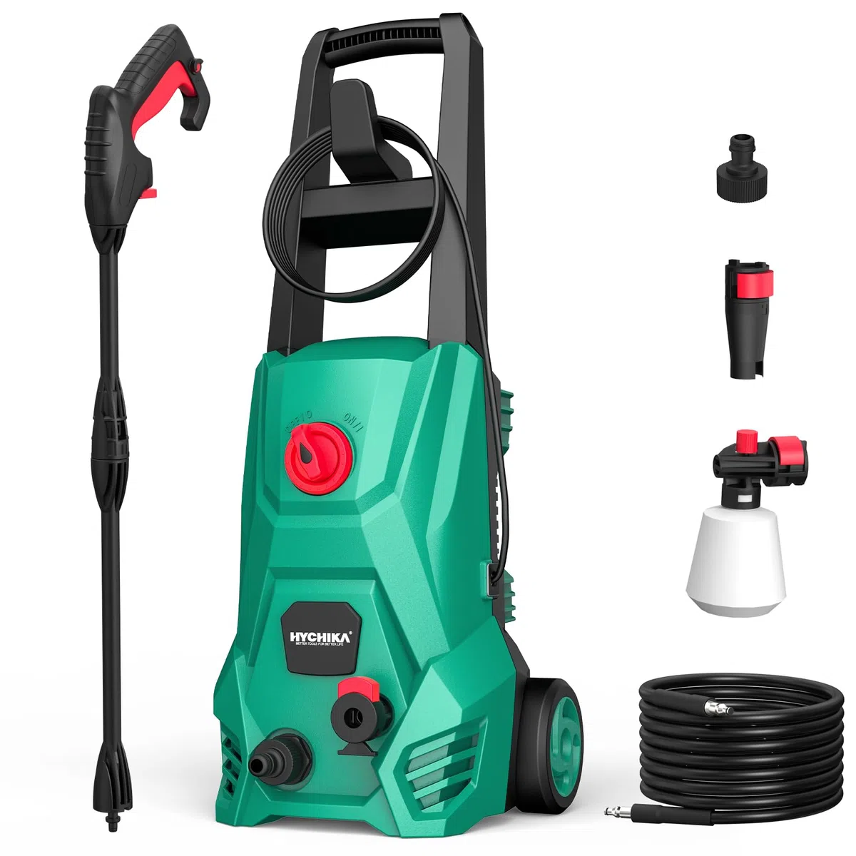 HYCHIKA Idropulitrice, 110 Bar Max Portata 410 l/h 1500W Lavatrice Portatile per con Serbatoio di Schiuma, Tubo Flessibile ad alta Pressione 5m, Cavo 5m, perfetta per Recinzione Auto Cortile