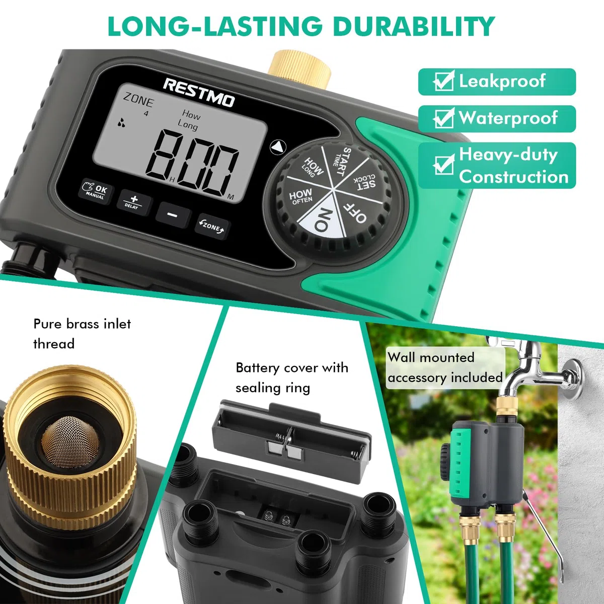 RESTMO Timer irrigatore a 4 uscite con ingresso in ottone, timer dell'acqua programmabile a 4 zone per tubo da giardino, controllo digitale automatico, ON/OFF manuale, ritardo pioggia, per rubinetto