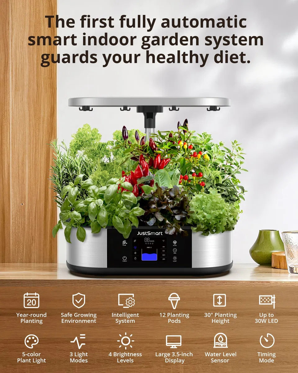 di Coltivazione idroponica, Smart WiFi Garden 12 Pods, 5 modalità di Illuminazione con Lampada LED per Piante da 30 W, per Interni di Erbe aromatiche, 76 cm, Altezza Regolabile