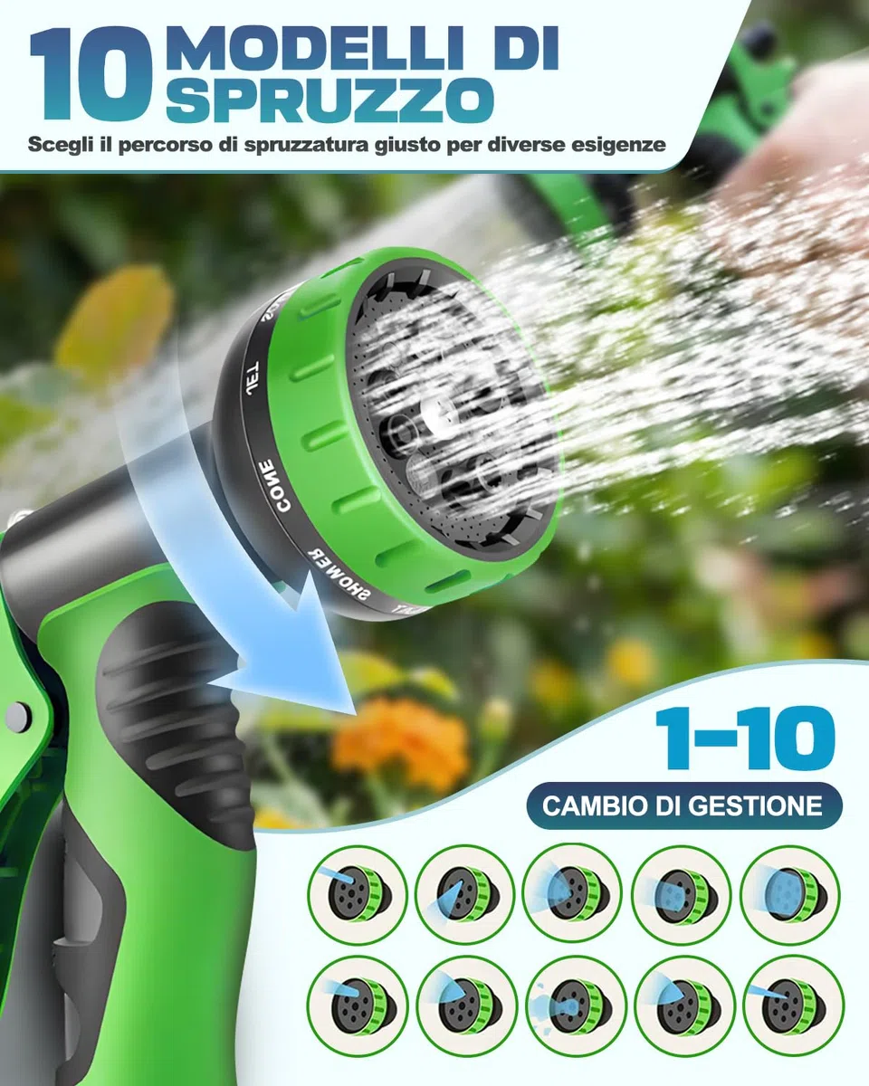 Tubo Giardino Estensibile con Pistola 10 Funzioni, Tubo Irrigazione Flessibile Antitorsione in Lattice a 3 Strati, Connettori in Ottone Massiccio, Tubo Acqua per Giardinaggio e Prato