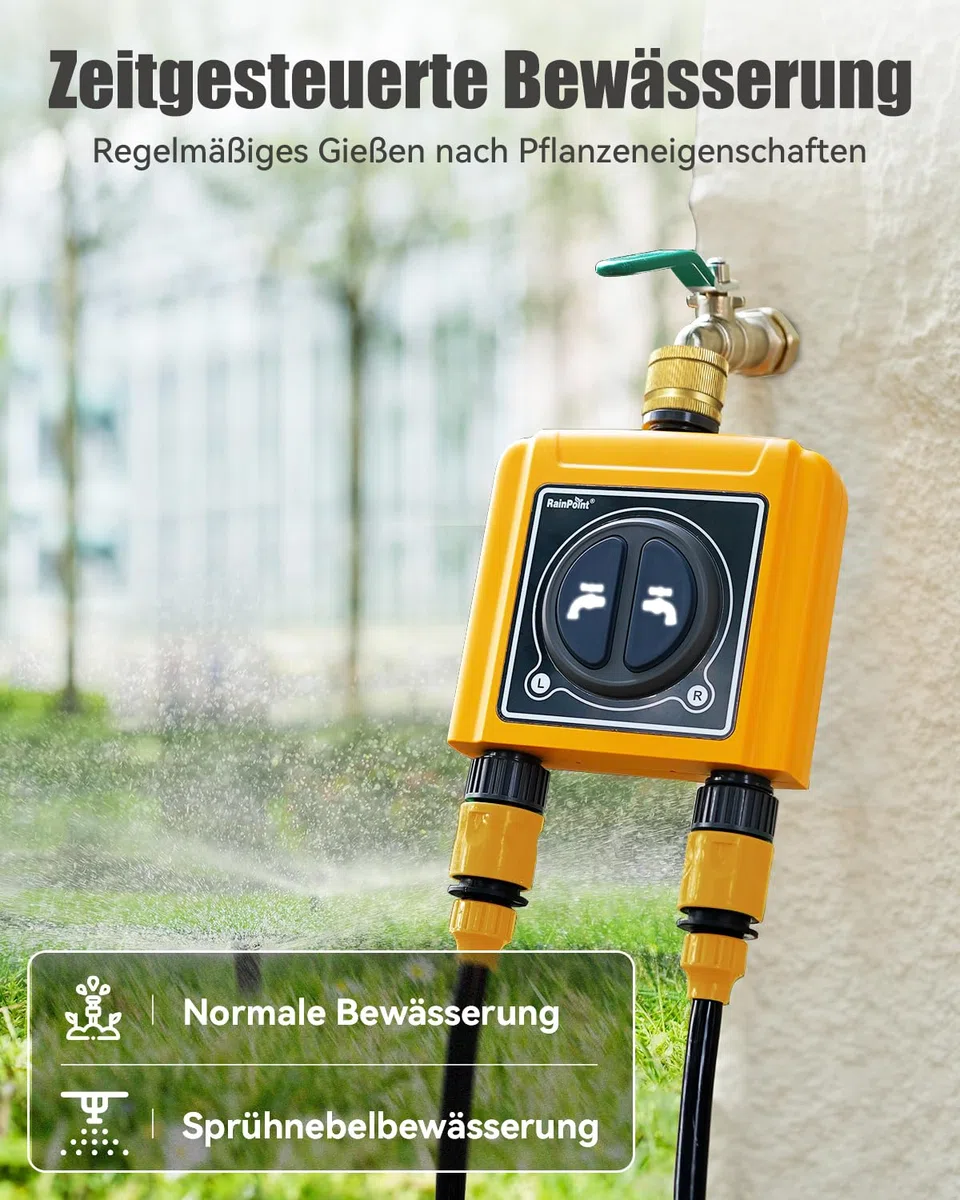 RAINPOINT Timer Irrigazione WiFi 2 Vie, Ingresso in Ottone, Smart Centralina Irrigazione con Controllo App/Vocale, Irrigazione Basata Sull'umidità del Terreno/Meteo, per Prato/Giardino/Serra