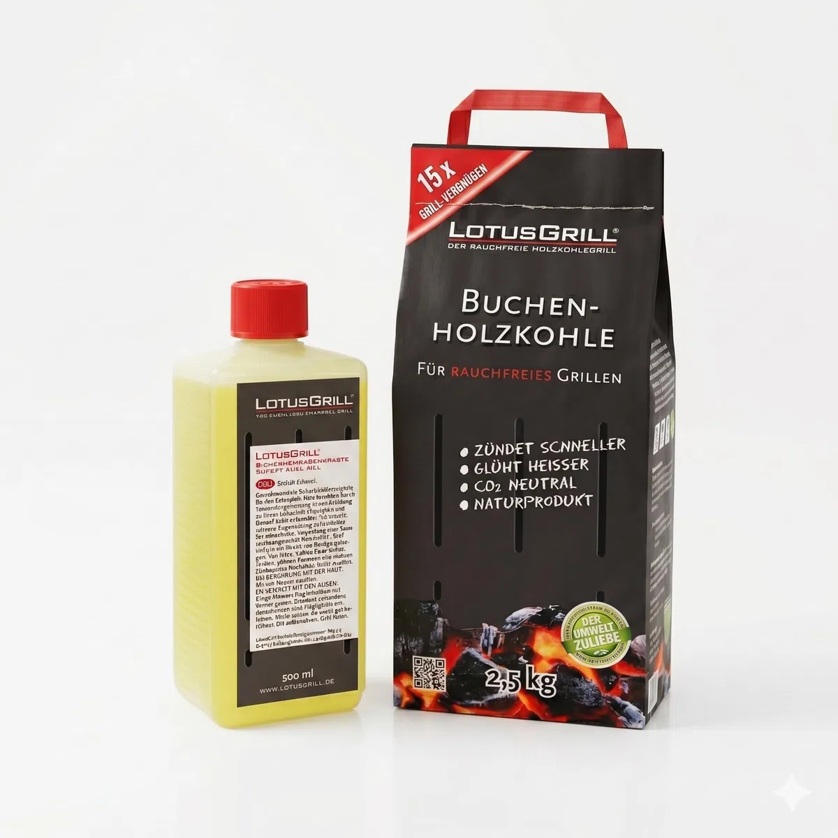 BERARDI LotusGrill Kit Consumabili per LotusGrill, Carbone di Faggio 2,5 kg e Pasta Combustibile 500 ml, CO2 Neutrale, Naturale
