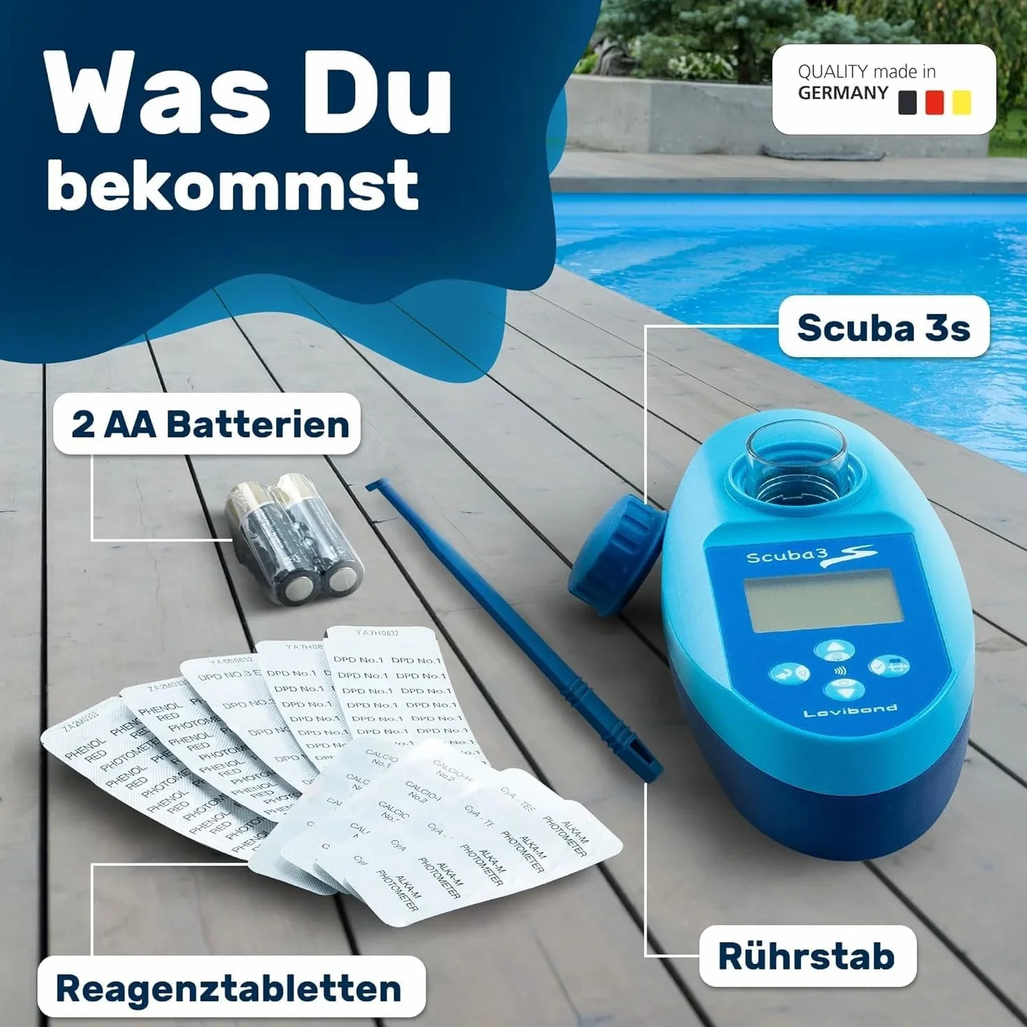 Lovibond Scuba II - Set convenienza misuratore elettronico per cloro e valori pH per piscina + confezione con pasticche