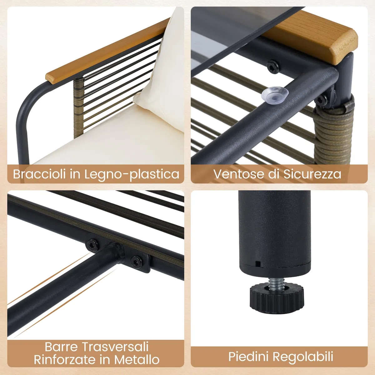 COSTWAY Set Conversazione da Esterno 5 Pezzi con Cuscini, Sedie in Rattan con 2 Pouf e Tavolino da Caffè in Vetro Temperato, Set di Mobili da Esterno per Balcone, Veranda, Terrazza e Giardino (Beige)