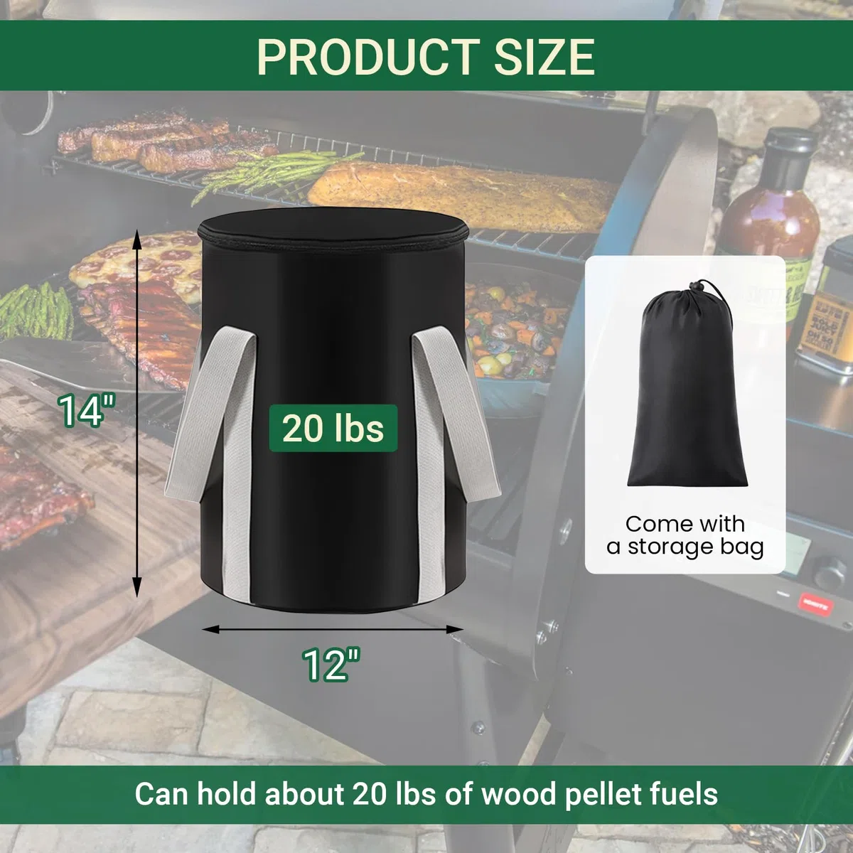 Borsa per pellet di legno da 9,1 kg, contenitore impermeabile per barbecue e affumicatore, mantiene i pellet asciutti, portatile, per barbecue all'aperto (1 pezzo, 9,1 kg)