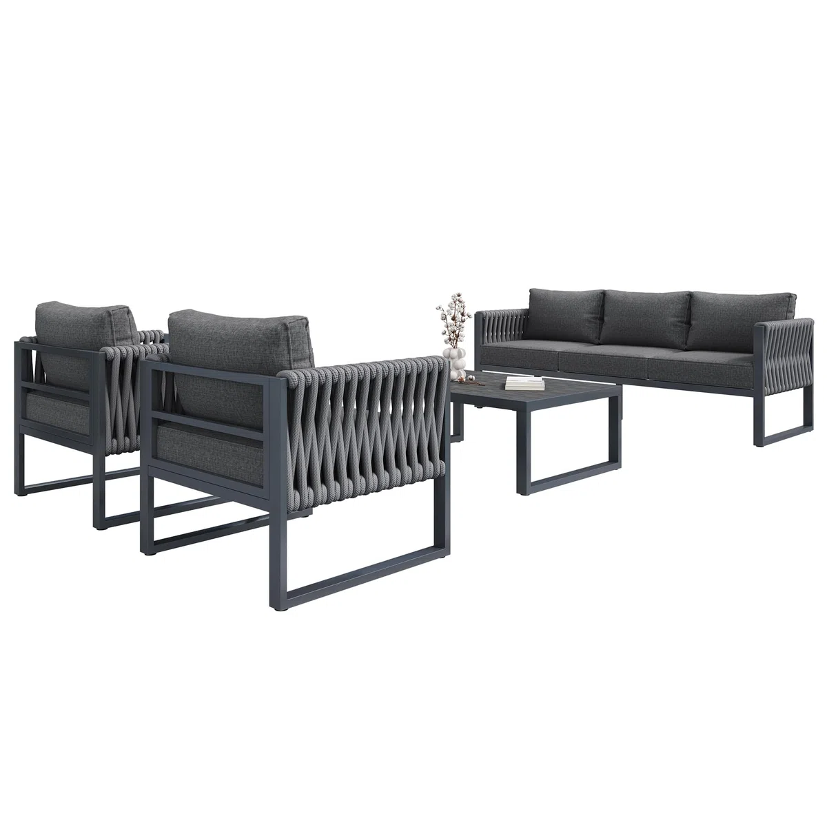Set di mobili da giardino da esterno a 5 posti, con piedini regolabili, imbottiture e struttura in metallo antiruggine, per balcone, terrazza, grigio