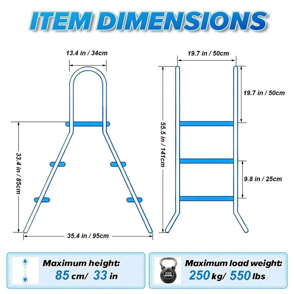 Scala per piscina fuori terra, telaio in acciaio inox resistente a 2 gradini per pareti da 83,8 cm, ingresso e uscita antiscivolo con piedini rotanti, 85 cm