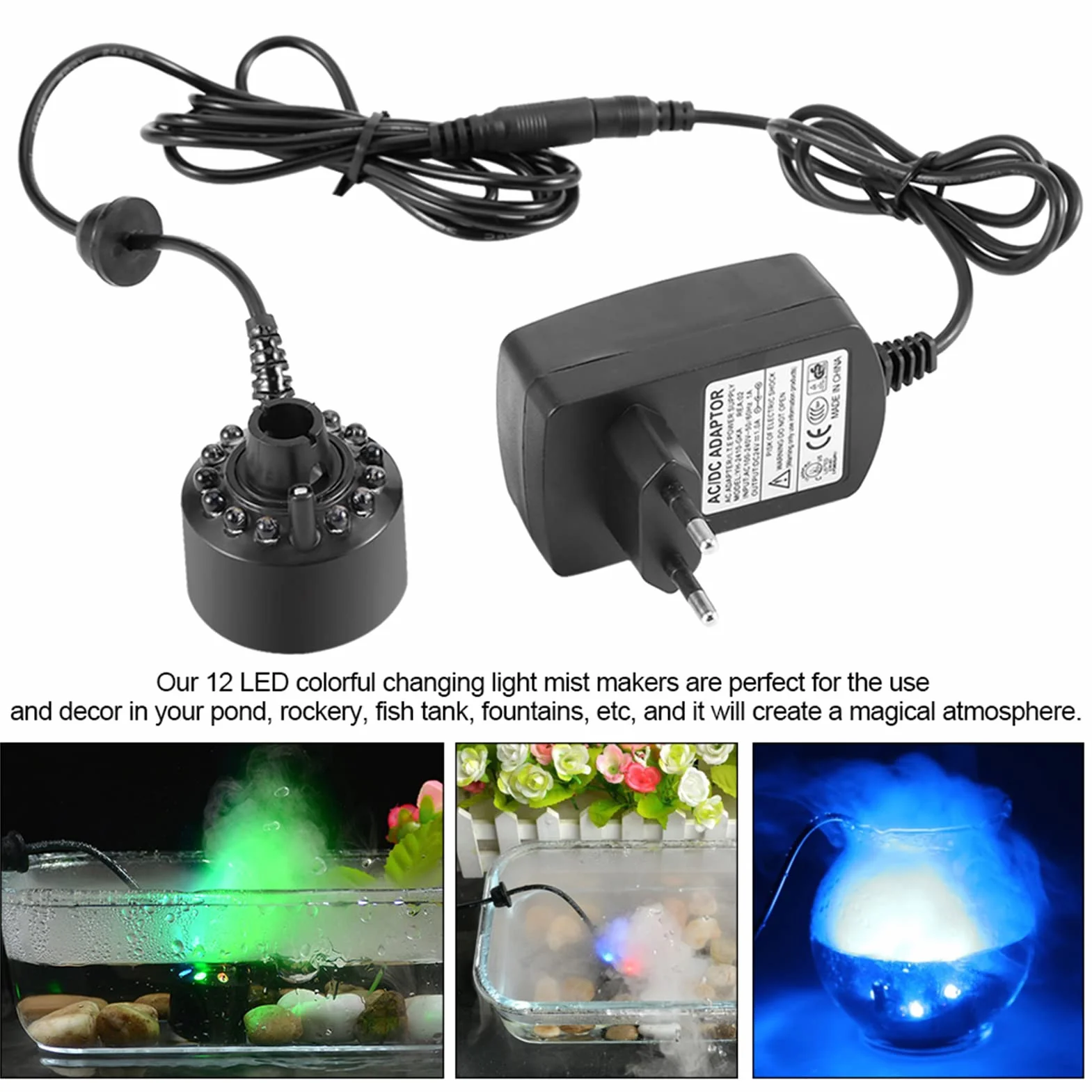 Akozon Creatore di Nebbia, per Laghetto con Fontana d'Acqua con Adattatore Nebler di Alimentazione 110 240 V Spina Americana 1 Pezzo 12 LED Creatore di Nebbia Colorato