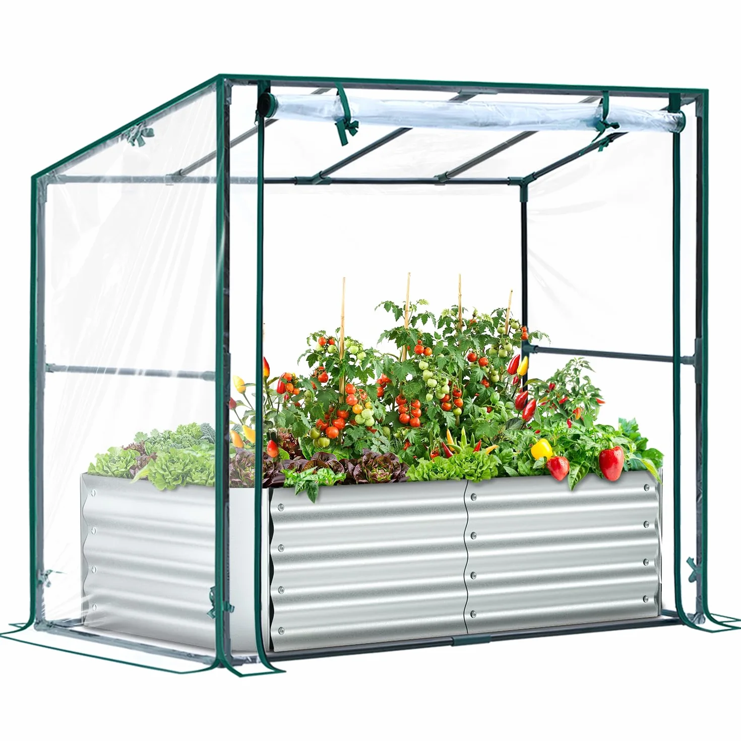 Ohuhu Aiuola rialzata 3 in 1 in metallo con serra e pellicola in PVC, fioriera rialzata con pomodoro, aiuola con struttura in acciaio, per giardino, 120 x 60 x 30 cm