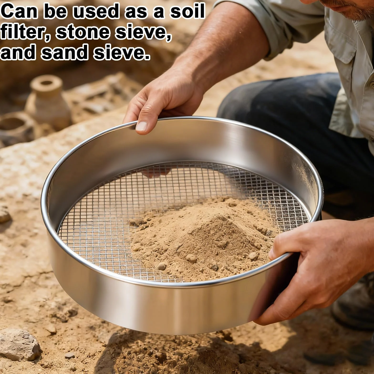 Colino da giardino rotondo 5 in 1 in acciaio inox, colino per compost multiuso, rotondo, per giardinaggio, 5 inserti intercambiabili (1/3/6/9/12 mm), con paletta in acciaio inox e tappetino giallo