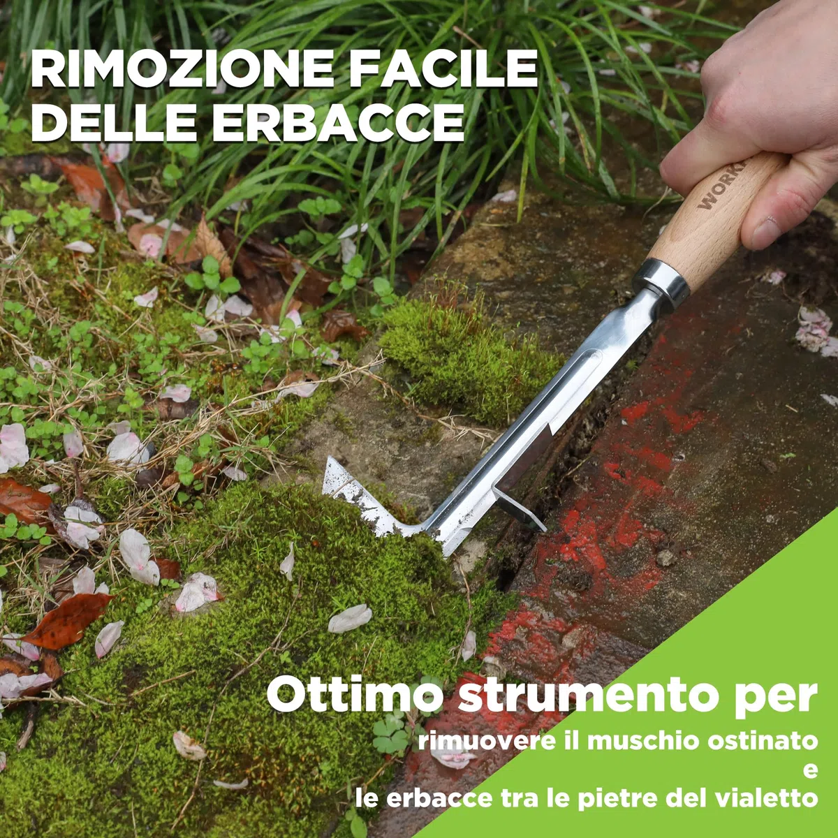 WORKPRO Estirpatore Erbacce Manuale da 30,5 cm con Manico in Legno, Attrezzo per Togliere Erbacce in INOX - Spatola Diserbante a Forma di L per Viali, Giardini, Terrazze, Pavimentazioni e Muschio