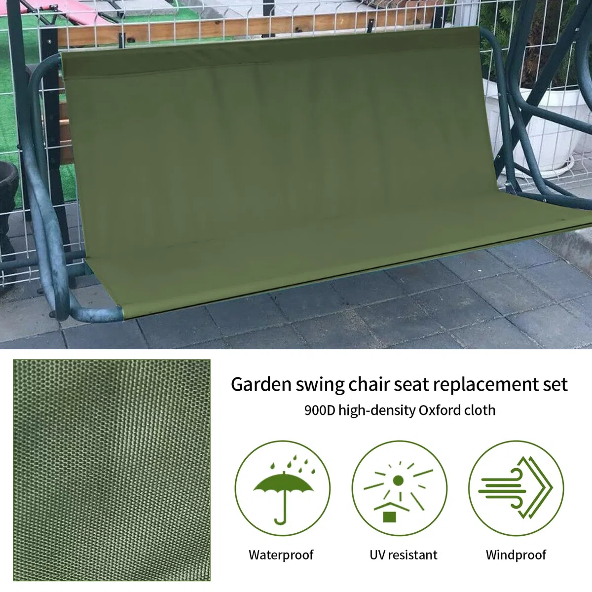 Coprisedile di ricambio per altalena da giardino, resistente tessuto Oxford 900D, impermeabile, universale, adatto per sedie a dondolo da esterno a 2-3 posti (verde, 138 x 50 x 50 cm)