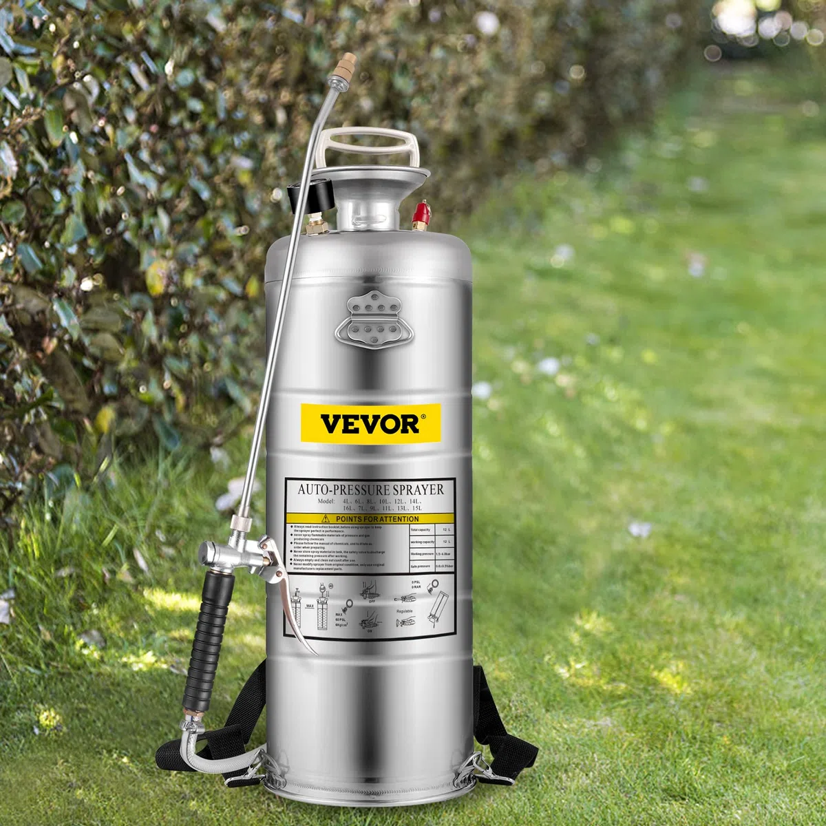 VEVOR Spruzzatore 12L in Acciaio Inossidabile, Spruzzatore Manuale a Pompa, Spruzzatore da Giardino Rinforzato a Pressione da 3,3 Pollici, Spruzzatore per Giardinaggio Domestico e Pulizia del Terreno