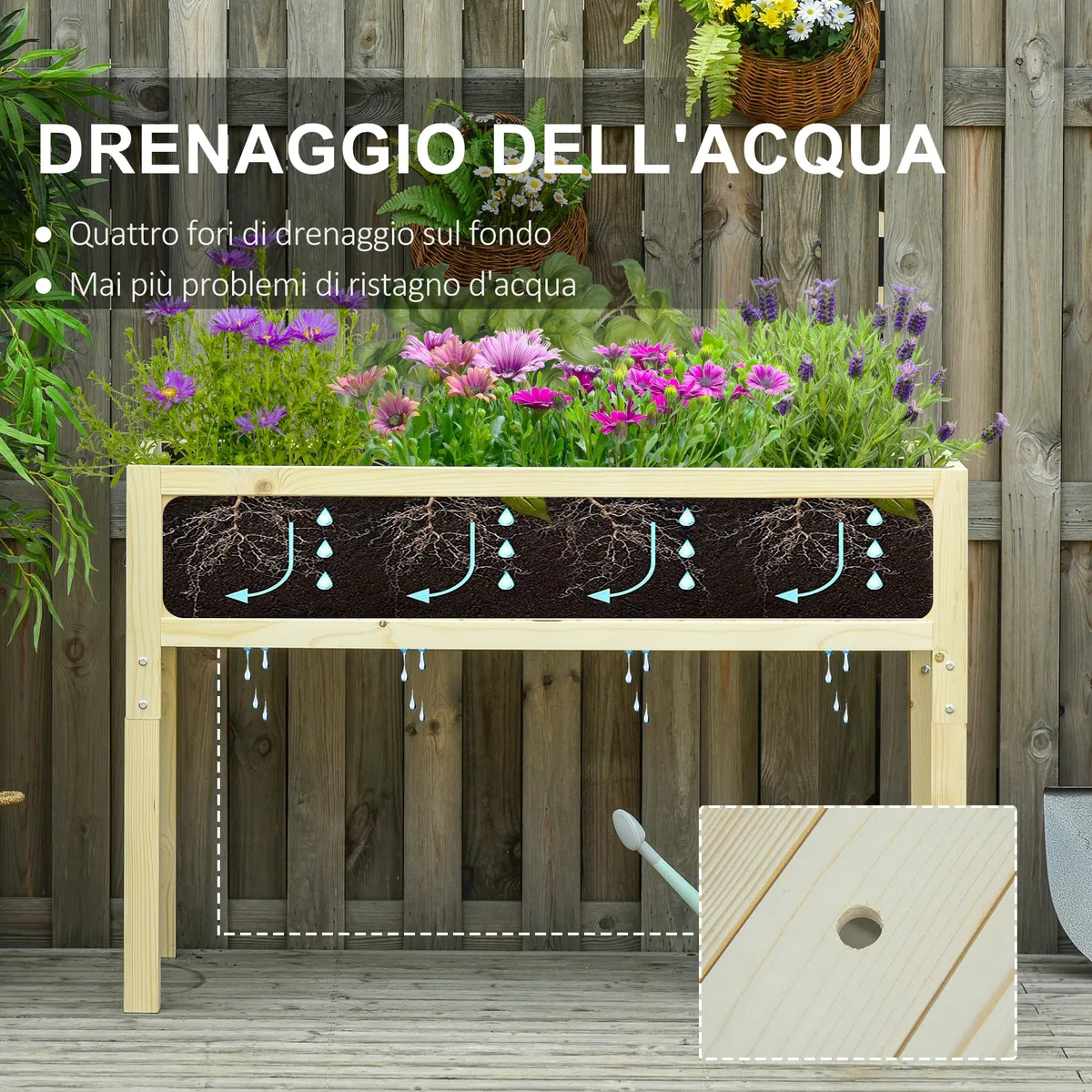 Outsunny Letto per Orto Rialzato Pieghevole, Fioriera da Esterno Rialzata in Abete con 4 Fori di Drenaggio, per Giardino Terrazza Balcone, 115x56x76 cm, Color Legno