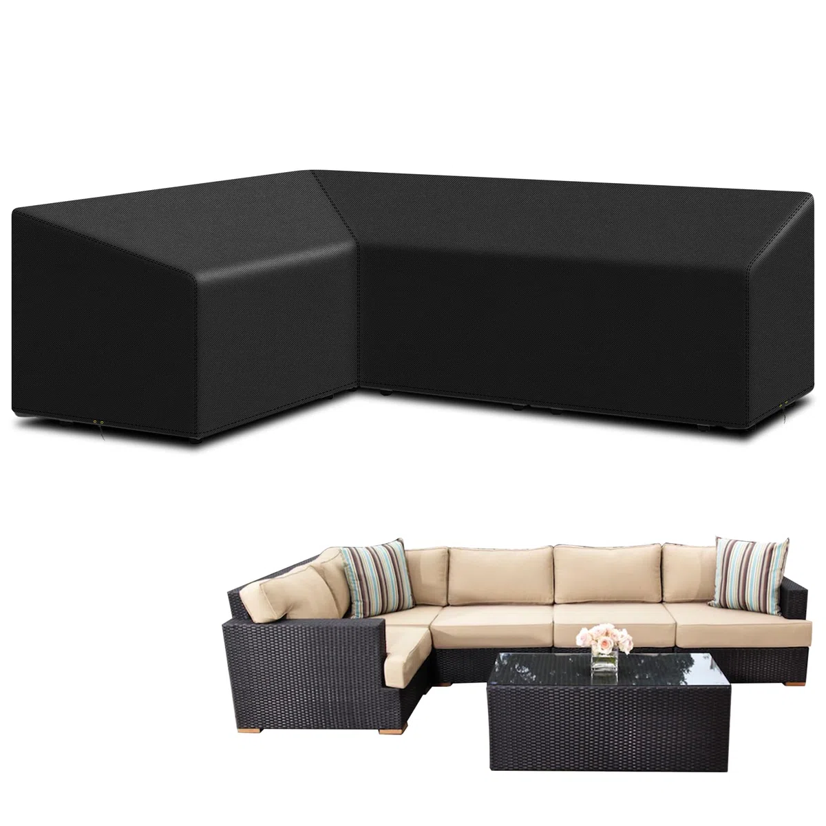 Copertura per mobili da giardino a forma di L, impermeabile, tessuto Oxford 420D, copridivano angolare in rattan da esterno, antivento, anti-UV, forma a L (222 x 286 x 82 cm), lato destro