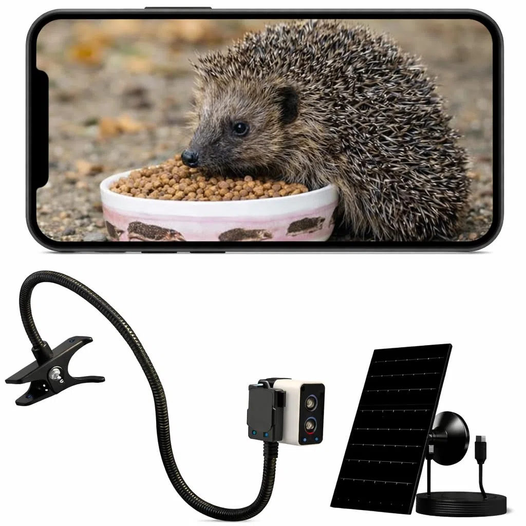 Hedgehog Feeder Camera WiFi 4MP HD - Stazione di alimentazione per riccio per la fauna selvatica del giardino, telecamera WiFi ad energia solare con app Live View, visione notturna, avvisi di