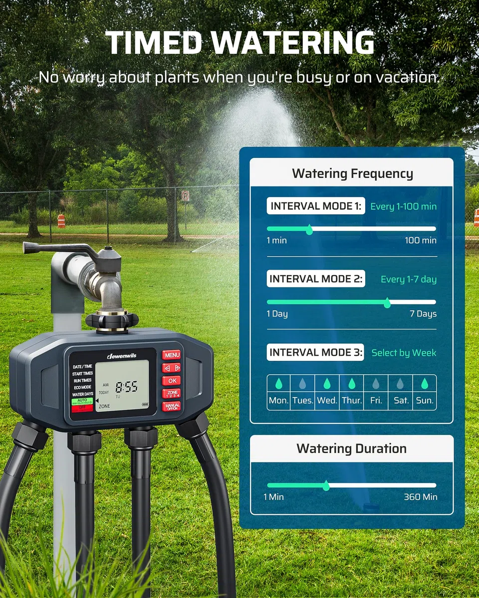 DEWENWlLS - Timer irrigatore a 4 zone, per rubinetto esterno, ritardo pioggia e manuale, timer programmabile per tubo dell'acqua, per vacanze, giardino, prato, orto, fiori in vaso