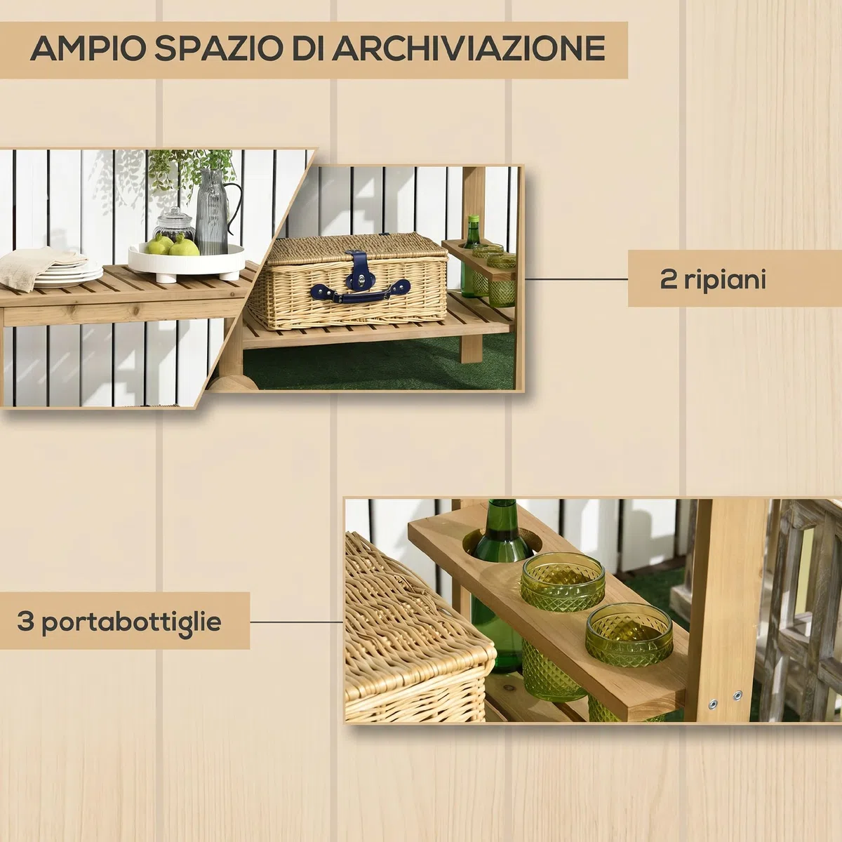 Outsunny Carrello Portavivande da Giardino, Carrellino 95x47x74 cm Legno | Legno di Abete, 2 Ripiani a Doghe, Carrello di Servizio, 3 Portabottiglie e Maniglia, per Patio Terrazza