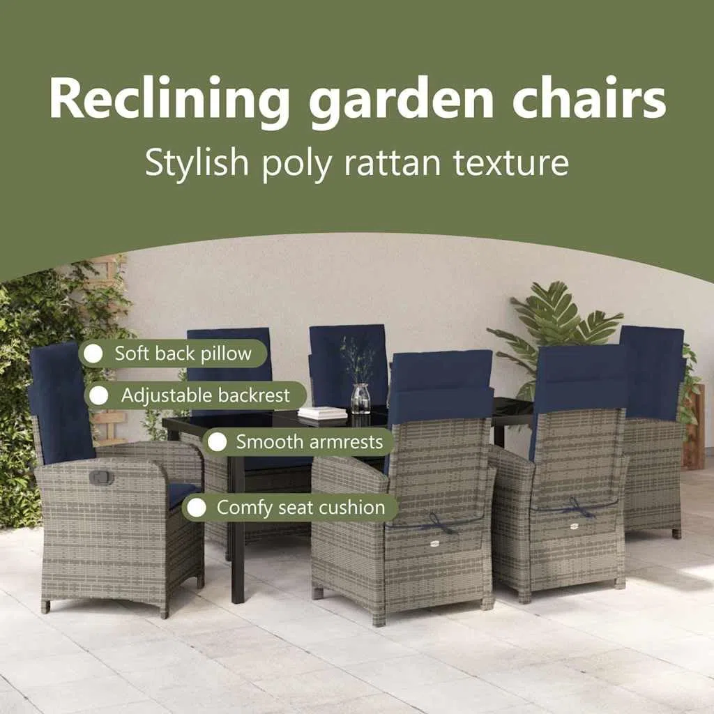 vidaXL Set da Pranzo per Giardino con Cuscino 7 PCS Grigio polyrattan, Set da Pranzo all'aperto, arredo in Rattan Moderno, Resistente agli Agenti atmosferici, posti Regolabili per Giardini e terrazze