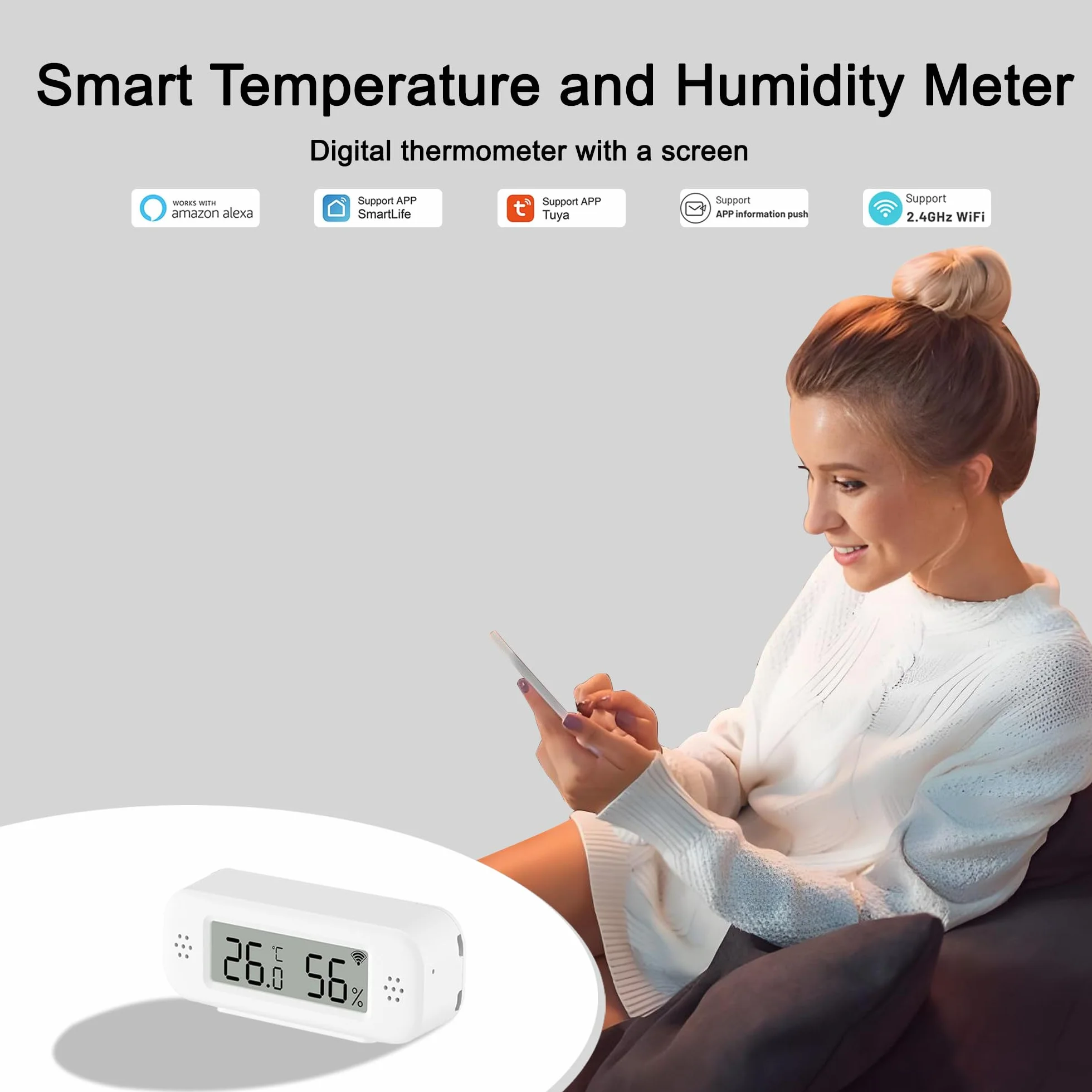 Termometro WiFi igrometro interno: sensore di temperatura intelligente, monitor di umidità digitale con app intelligente e registrazione dati, compatibile con Alexa, per camera da letto, serra cantina