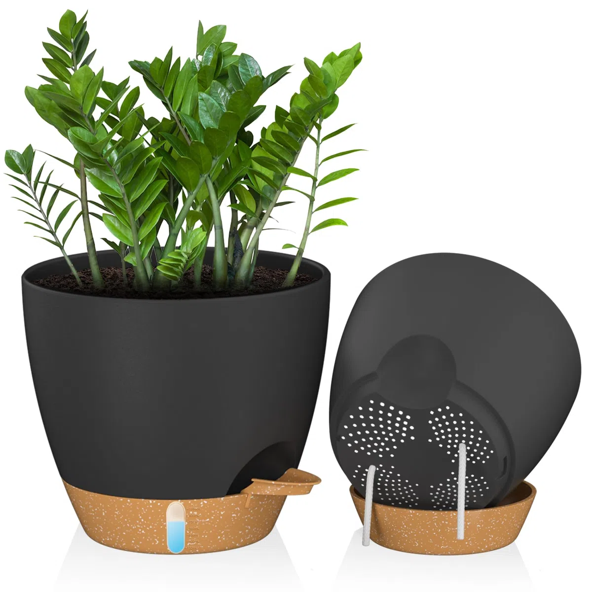 ZMTECH Vaso Per Piante da 30 cm Con Presa D'acqua Fioriere Autoinnaffianti Con Fori Di Drenaggio e Sottovaso in Plastica Per Piante da Interno e Da Esterno (Set Da 2, Nero)