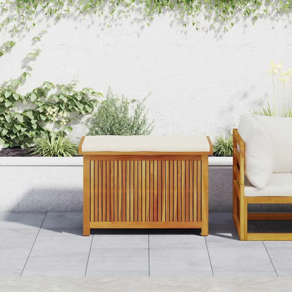 Scatola per cuscini per esterni, 90 x 50 x 60,5 cm, in legno massiccio acacia | Stoccaggio Giardino, Borsa Impermeabile Integrata, Doghe Ventilate, Coperchio Antipolvere