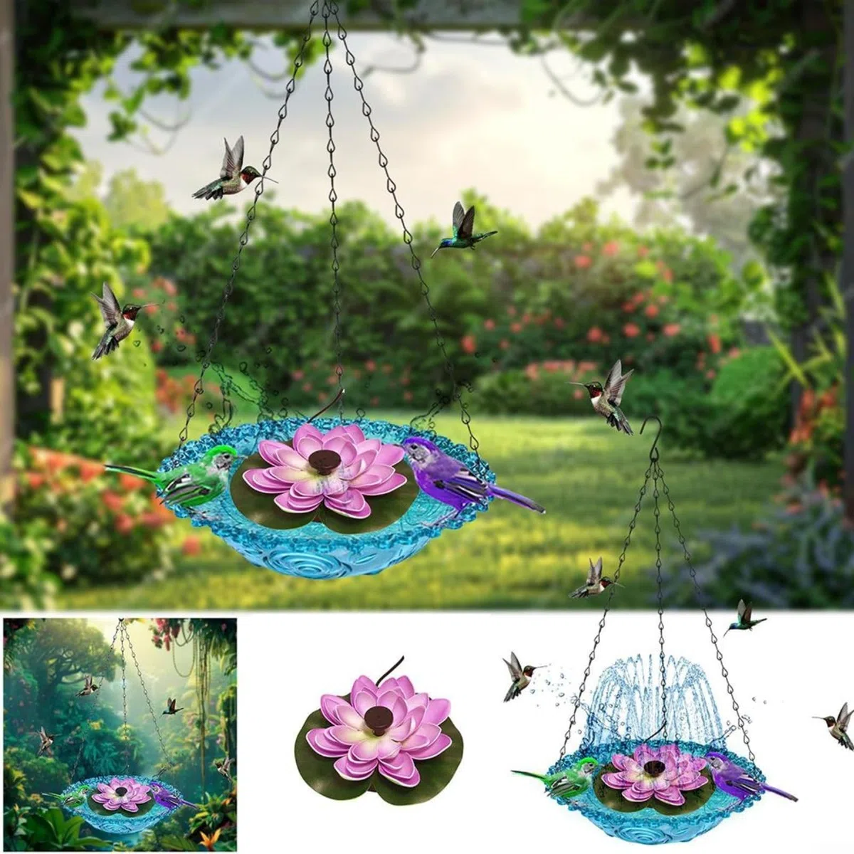 Abbeveratoio per uccelli da appendere all'esterno, alimentato a energia solare, fontana di loto per esterni, giardino, cortile, decorazione ad acqua, 23,5 x 45 cm (blu)