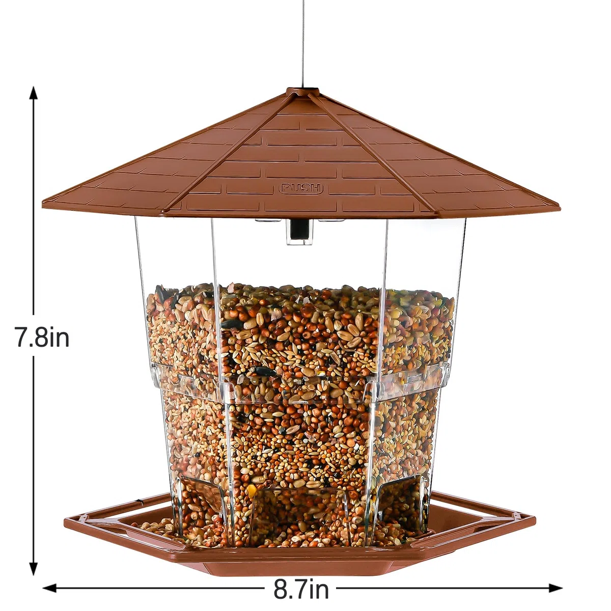Jealoeur Mangiatoia per uccelli da esterno con funzione di bloccaggio, dispenser per uccelli retrattile da appendere all'aperto, decorazione da giardino, cortile per birdwatcher (marrone-1)
