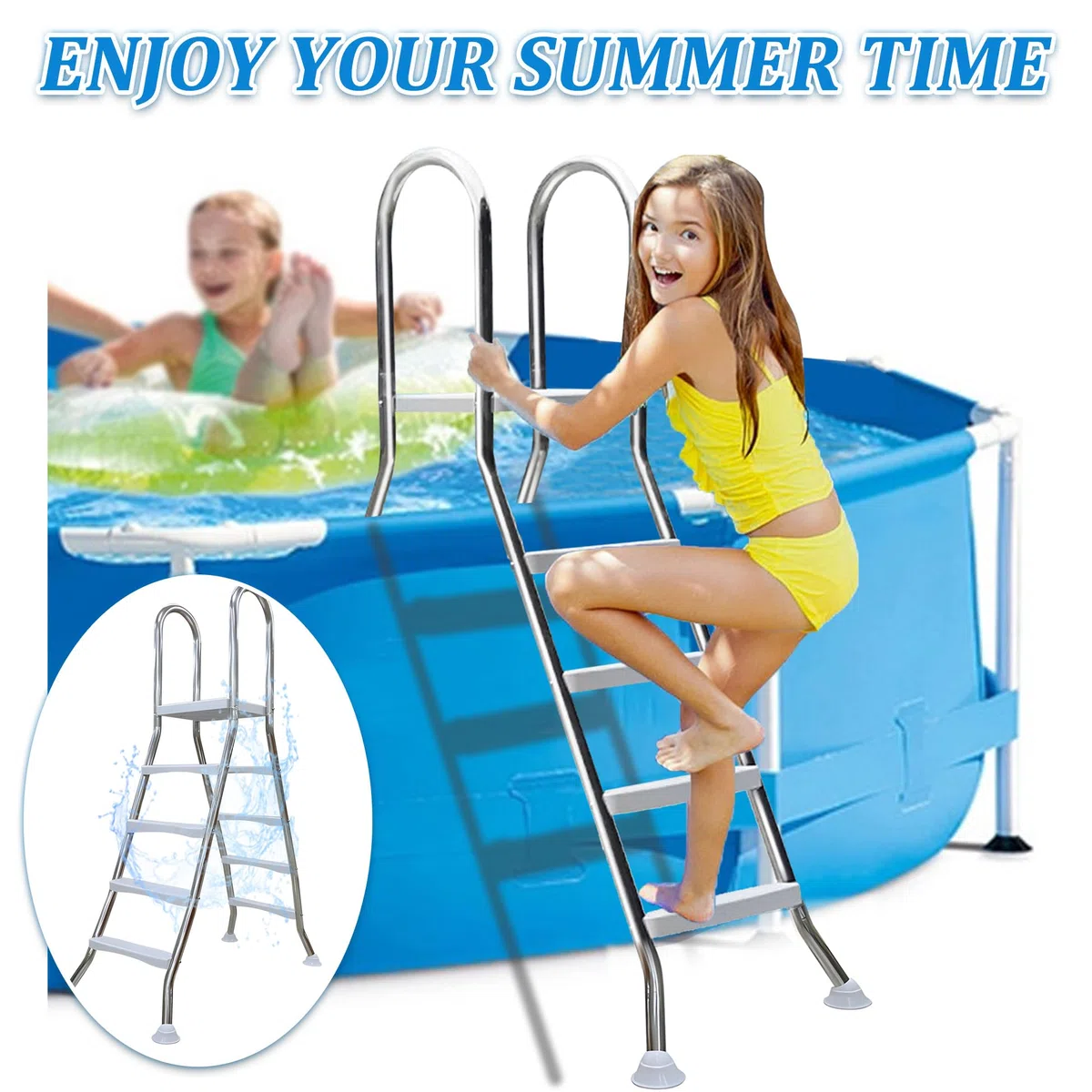 Scala a 4 Gradini per Piscina Fuori Terra, Robusta Scala in Acciaio Inossidabile con Doppio Corrimano di Sicurezza, Gradini Antiscivolo, Portata 250 kg, per Piscina da 135 Cm