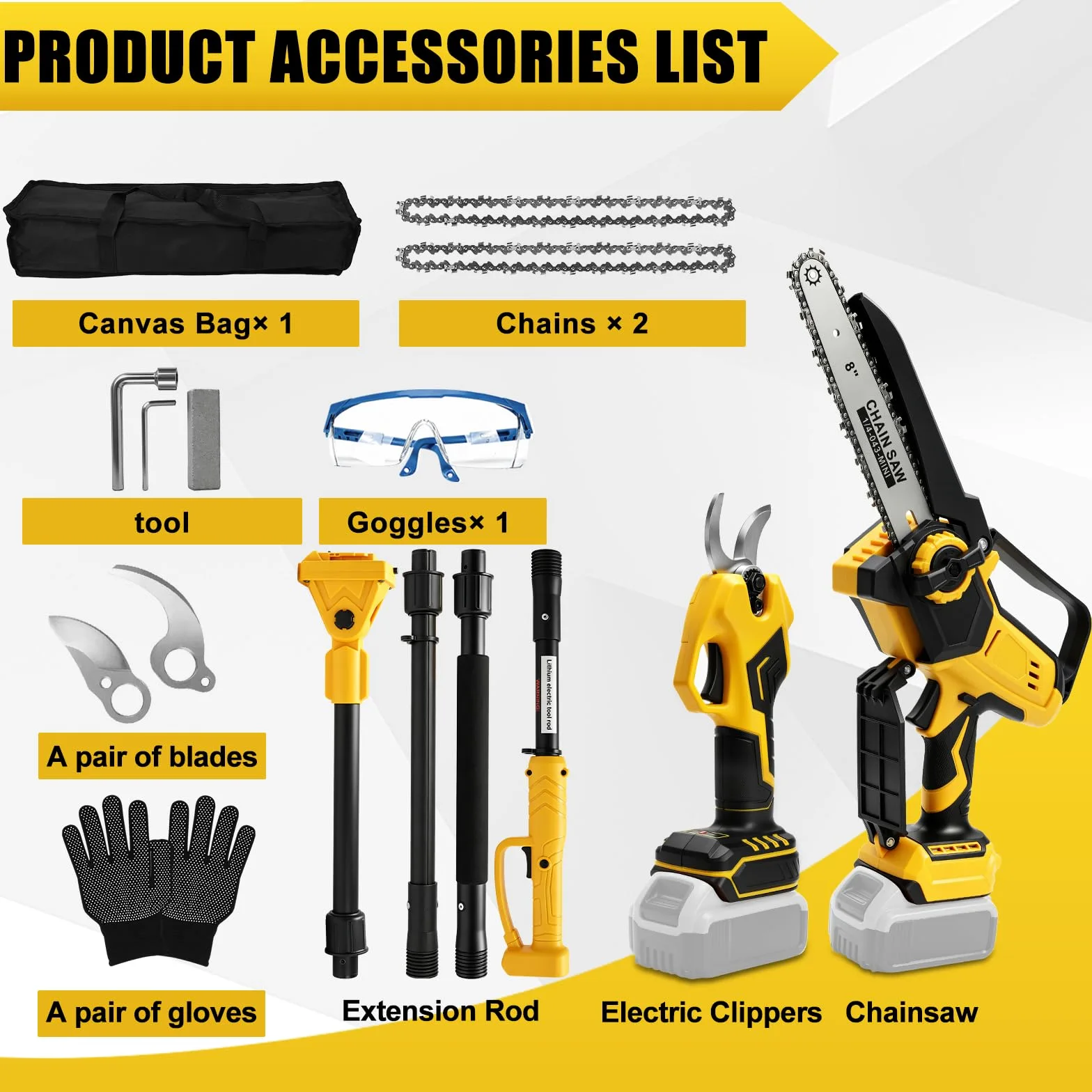 8 Pollici Motosega a Batteria Telescopica & 28 mm Forbici Potatura a Batteria Compatibile con Dewalt 18 V, 20 V, 4-in-1 Kit Motosega e Forbici, Portata Massima Fino a 4,5 m
