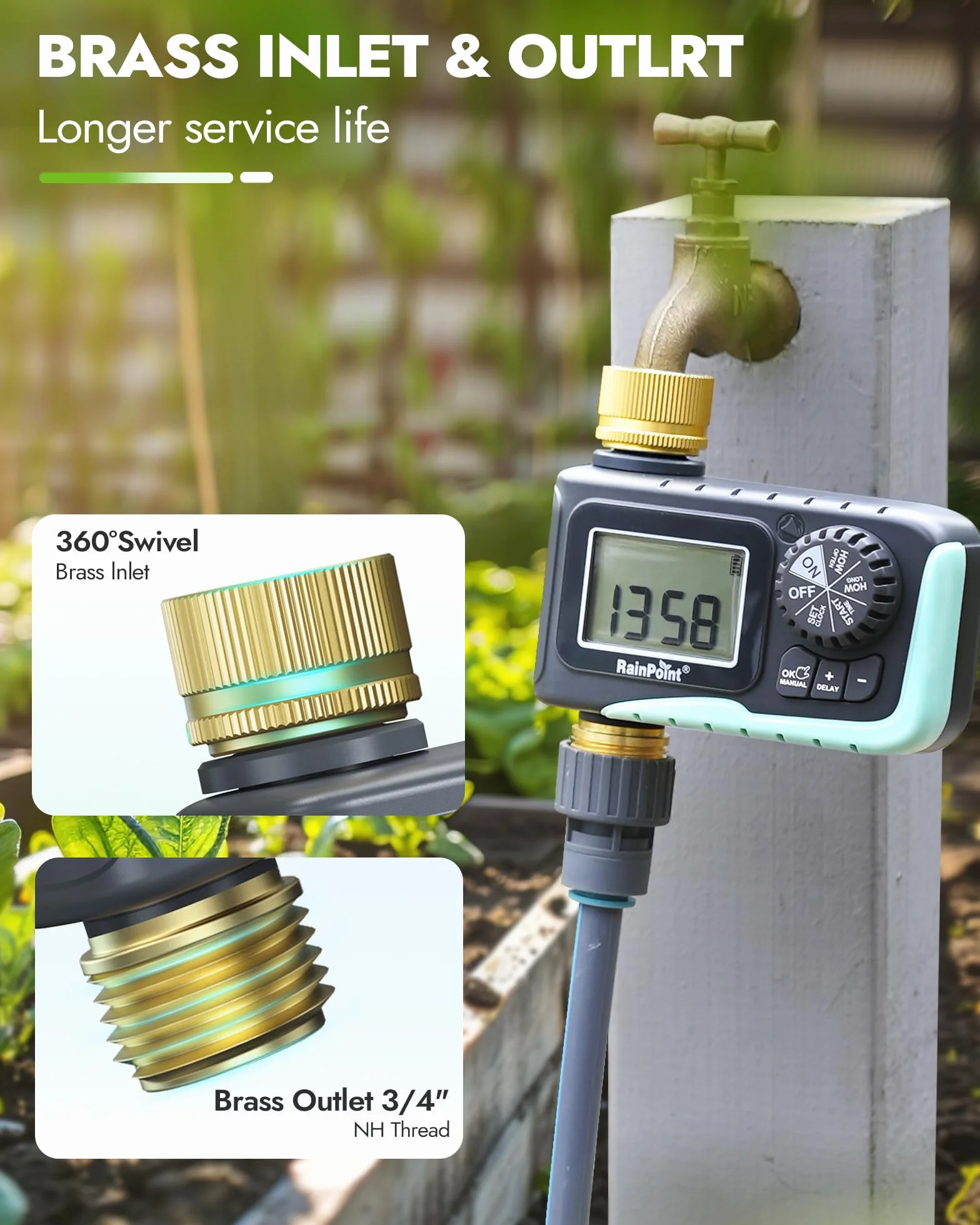 RAINPOINT Timer irrigatore con ingresso e uscita in ottone, timer programmabile per tubo da giardino, timer per irrigazione con ritardo della pioggia/sistema di irrigazione manuale, irrigazione