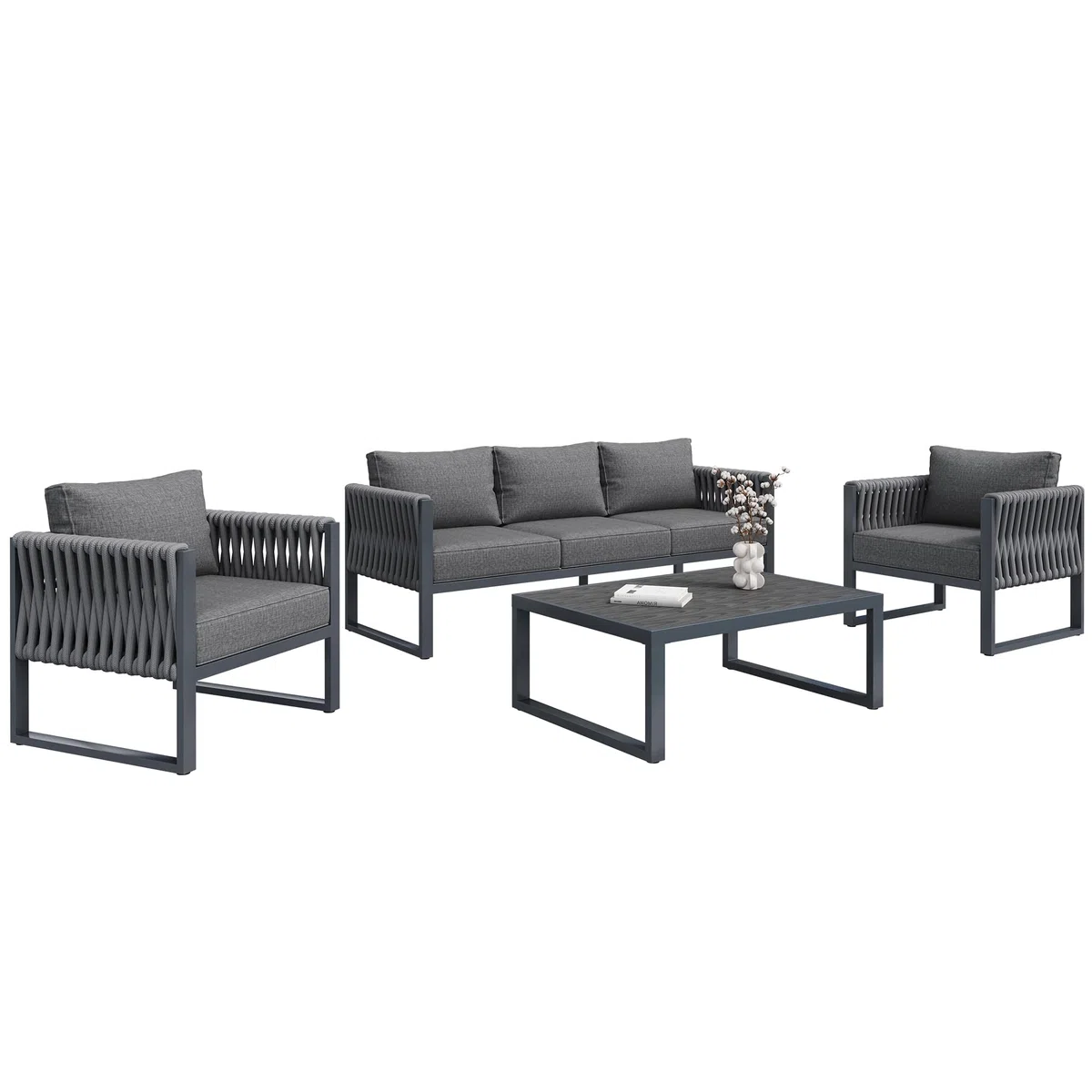 Set di mobili da giardino da esterno a 5 posti, con piedini regolabili, imbottiture e struttura in metallo antiruggine, per balcone, terrazza, grigio