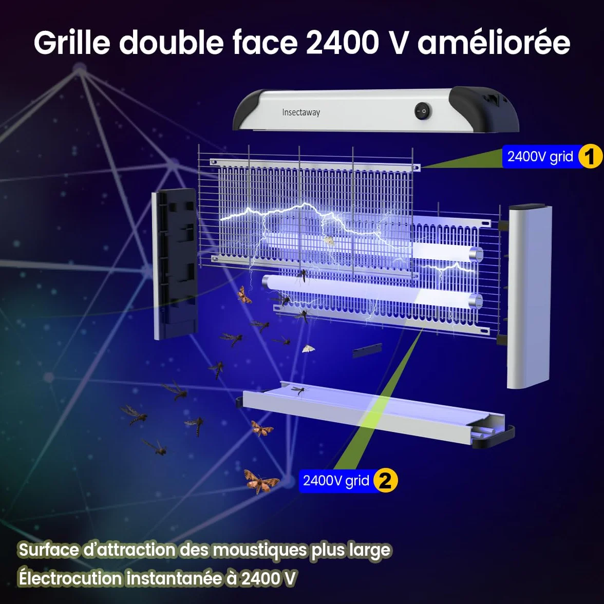 Lampada antizanzare elettrica da 20 W, lampada UV, con raggio di azione di 50-80 m², trappola per mosche e insetti, efficace per interni, casa, cucina, ufficio