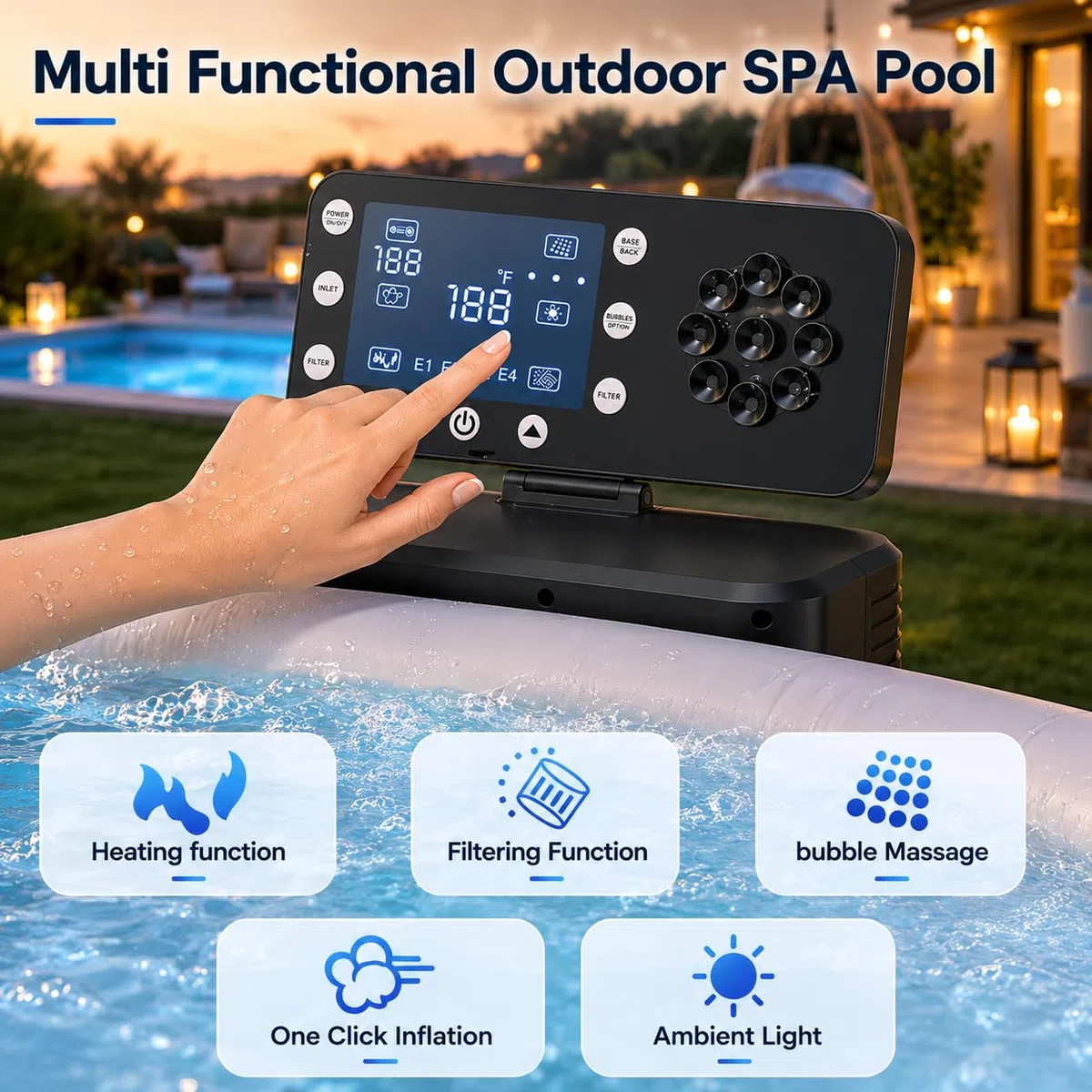 Piscina Idromassaggio Gonfiabile Esterno 4-6 Adulti, 206 cm Grande Spa Portatile con 150 Getti Aria, Riscaldamento Rapido 40°C, LED 6 Colori, Vasca Antiforatura per Giardino Patio