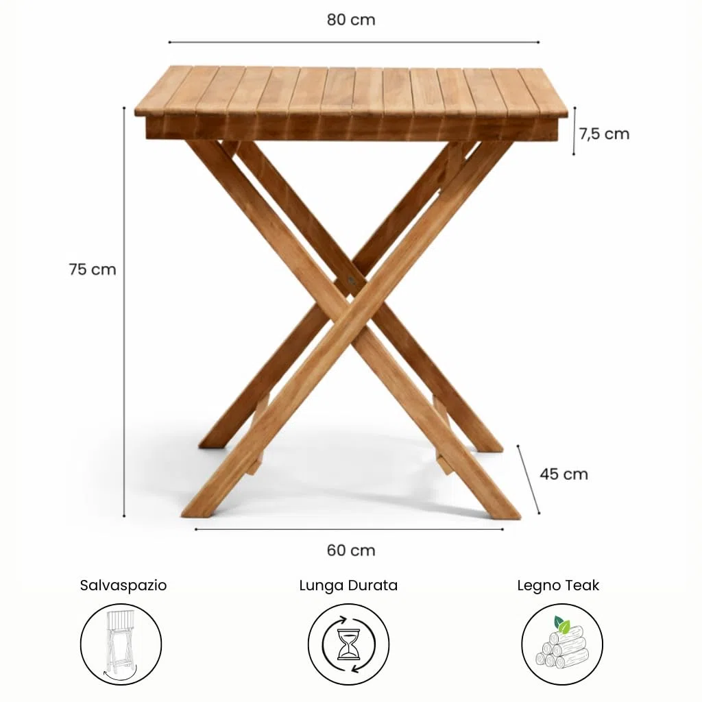 Tavolo Pieghevole Burraco 80×80 cm in Teak | Tavolo Salvaspazio da Giardino per 4 persone | Certificato FSC