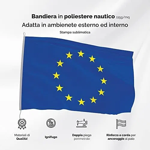 Bandiera EUROPA 200x300 cm in poliestere NAUTICO 115 gr/mq con doppia piega perimetrale, corda e guaina. Adatta sia IN/OUT DOOR