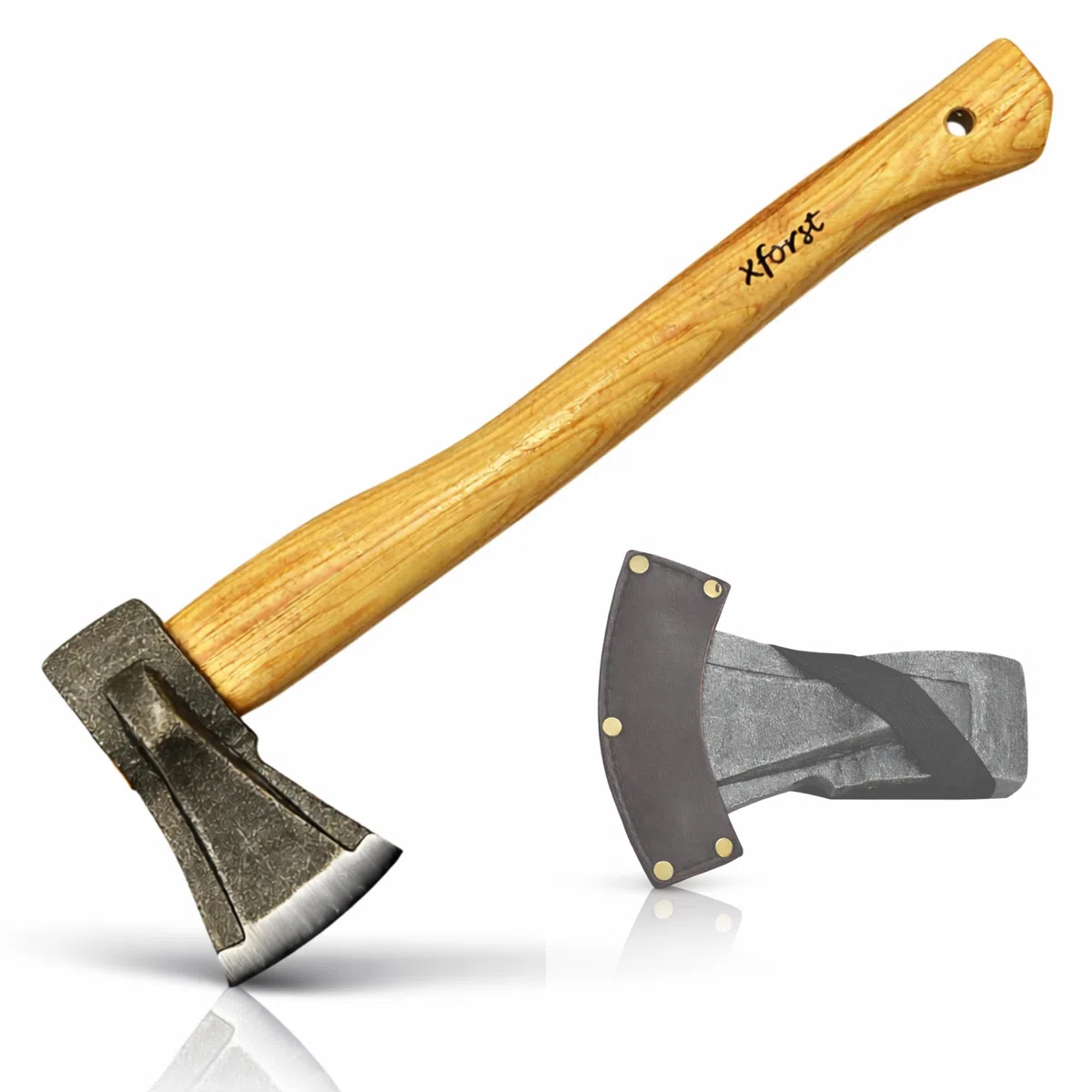 Xforst Ascia da Spacco con Manico in Legno di Hickory – Testa da 1 kg in Acciaio al Carbonio Forgiato – Peso Totale 1,37 kg – Ascia per Legna da Camino e Lavori da Giardino – con Fodero Protettivo