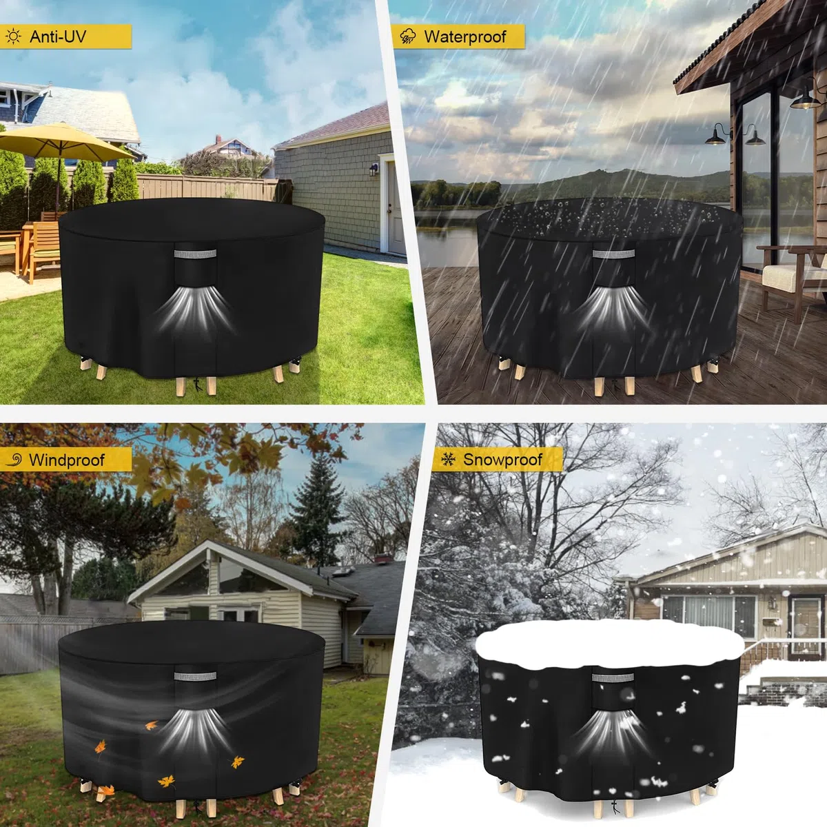 Dokon Copertura per Tavolo da Giardino Impermeabile Tessuto Oxford 420D Antivento Anti-UV Copertura Mobili Esterno con Prese d'Aria, Telo Copri Tavolo, Rotonda (Ø163x90cm) - Nero
