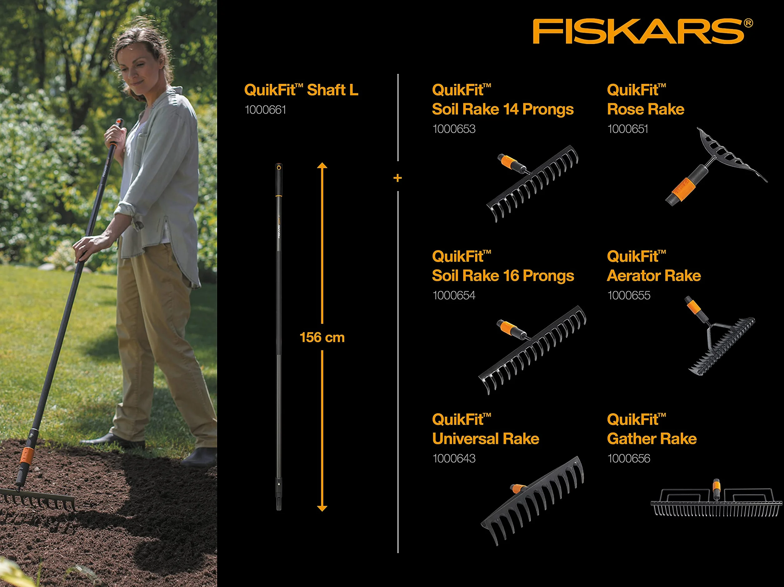 Fiskars Rastrello per prato con 35 denti, Testa di attrezzo, Larghezza: 57 cm, Denti in acciaio temprato, Nero, QuikFit, 1000656