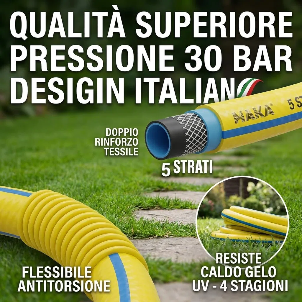 MAKA Tubo Acqua Giardino 1/2 5/8 3/4 1 Pollice 5 Strati Pressione 30 Bar Flessibile Doppio Rinforzo Tessile Retinato Magliato Antitorsione Resiste a Caldo Gelo UV 4 Stagioni (5/8 pollici, 50 metri)