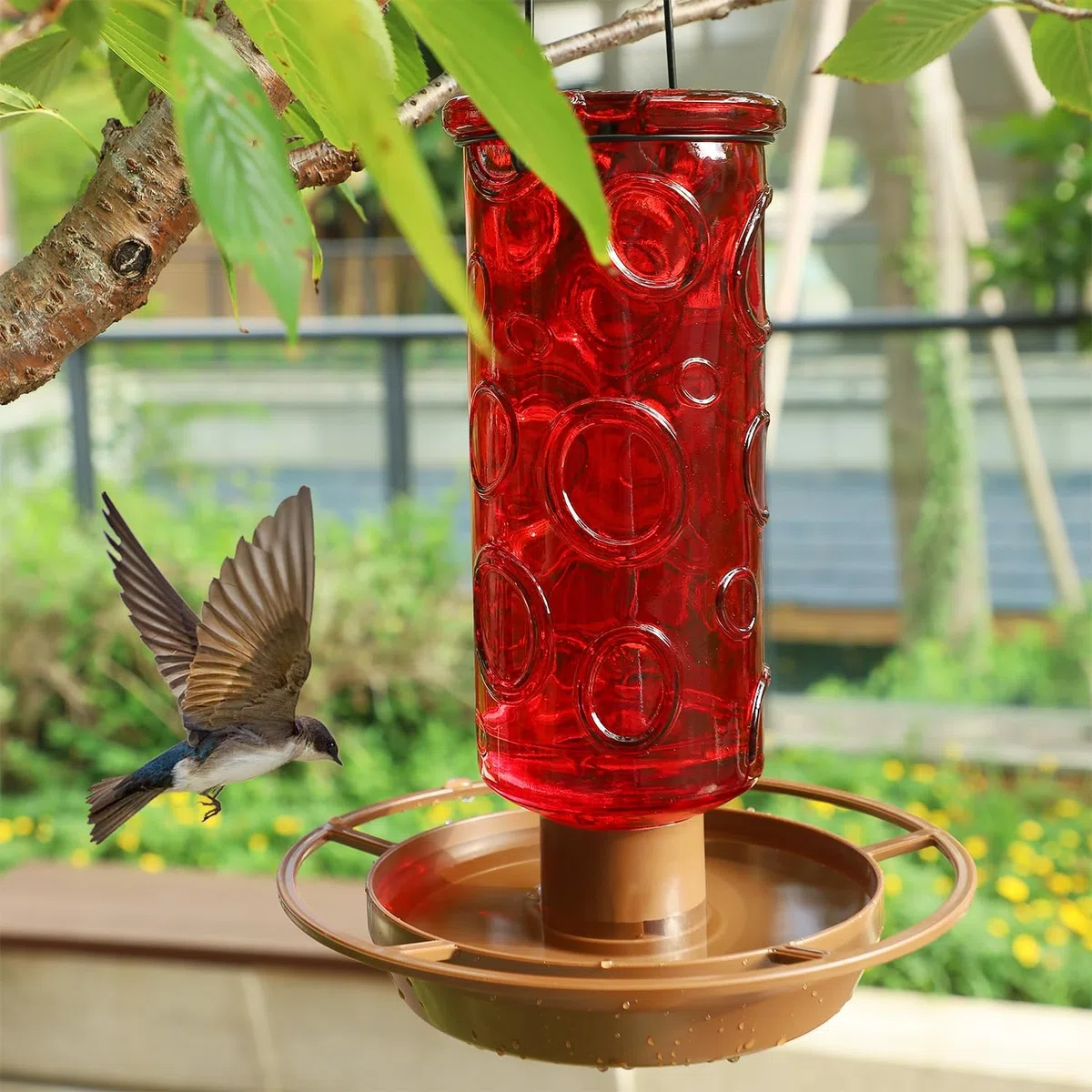 Juegoal Abbeveratoio per uccelli selvatici in vetro, 880 ml, per esterni, refrigeratore d'acqua con manico in metallo da appendere, decorazione esterna per giardino, albero, cortile, rosso