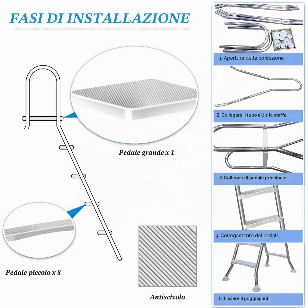 Scaletta Piscina Fuori Terra 132 a Doppia con 4 Gradini in Acciaio, Scala per Piscina Fuori Terra, Gradini per Piscina Fuori Terra, capacità di 250 kg