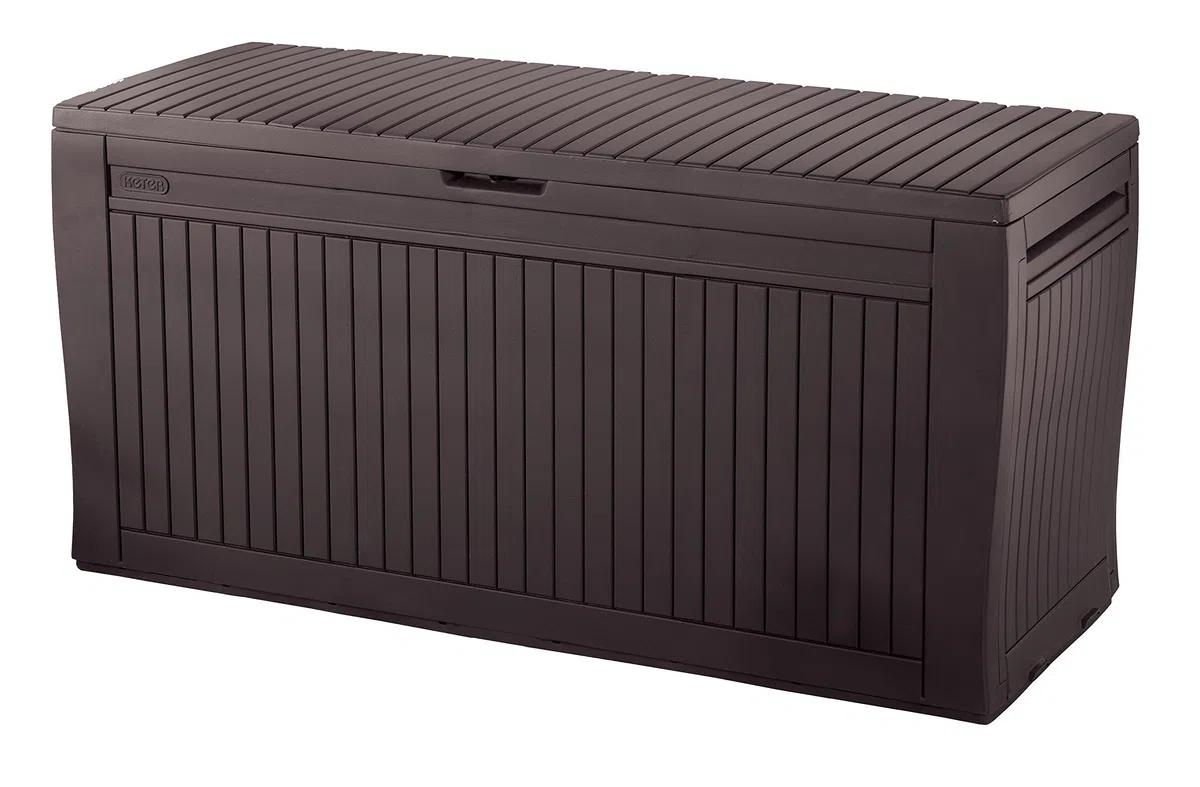 Keter Porta Attrezzi da Giardino e Baule Comfy in Resina, Beige e Marrone, 71.5 x 132 x 113.5 cm / 44.7 x 116.7 x 57 cm, 18.1 Kg / 6.3 Kg e 270 L di Capacità