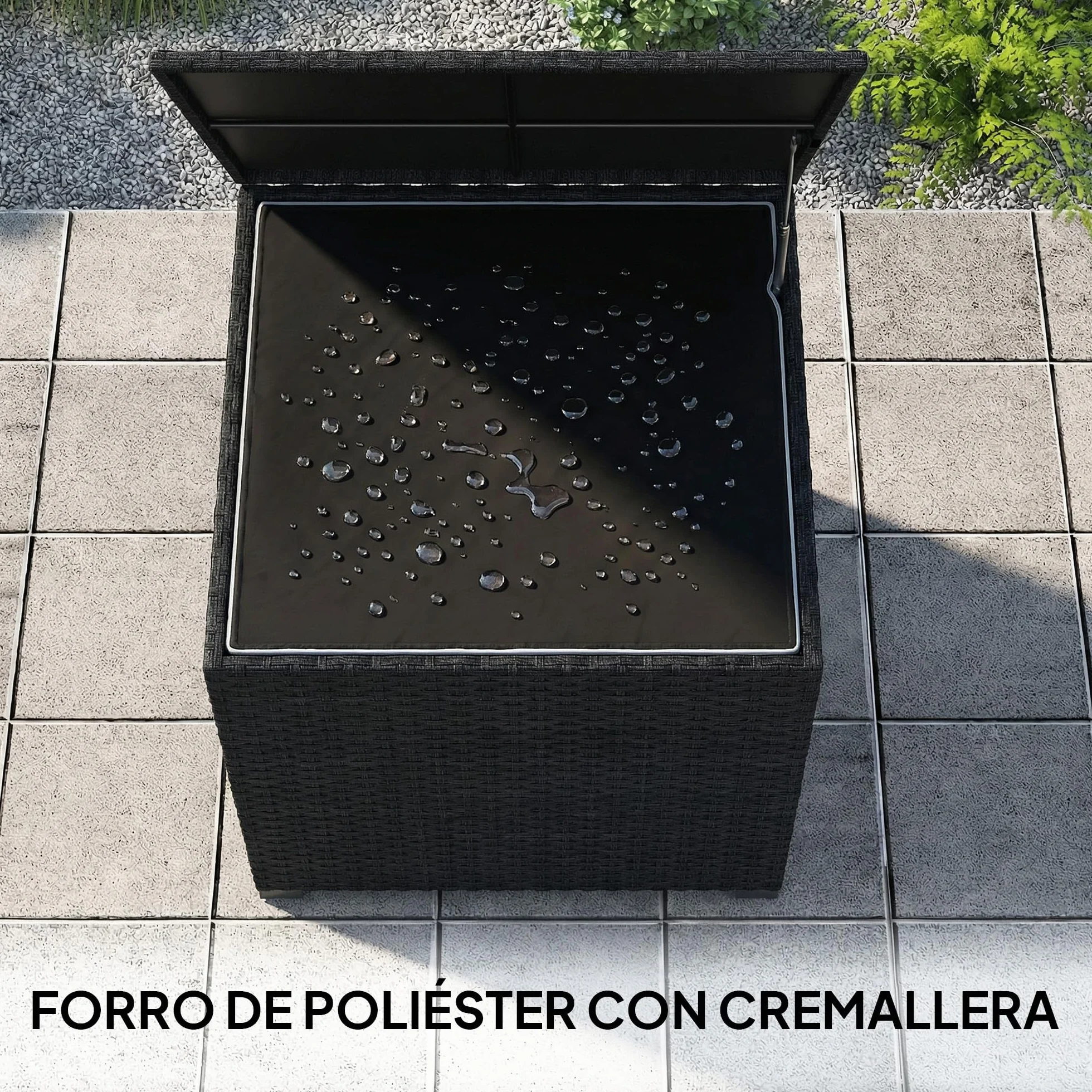 Outsunny Baule portaoggetti esterno in rattan sintetico, 253 l, con asta idraulica, fodera con cerniera e telaio in acciaio, carico 50 kg, per giardino, terrazza, 72 x 72 x 70 cm, nero