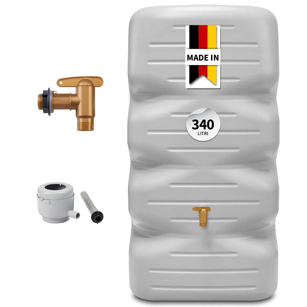 GARANTIA CUBUS serbatoio da giardino set completo 340 litri grigio cemento incl. rubinetto in plastica e raccordo pluviale - pronto al collegamento - design compatto elegante - riempimento automatico
